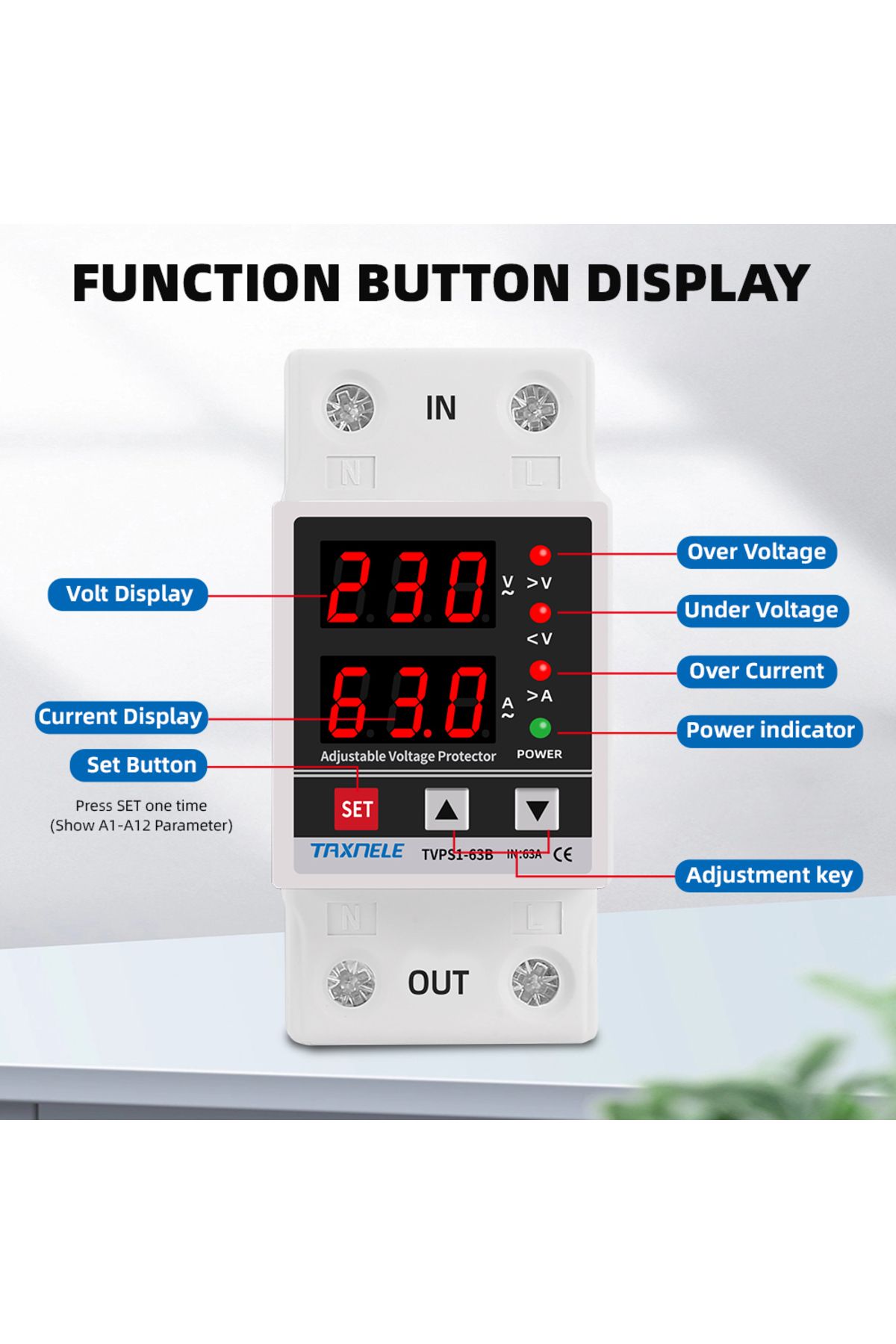 TAXNELE-40a Dual Display 40a 63a 230v Din Rail Adjustable Digital Over Under Voltage Relay Surge Protector 4