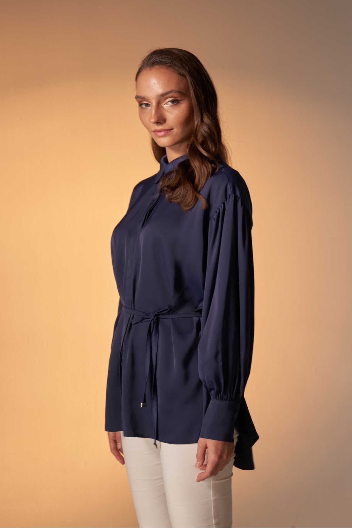 EMNORA-Navy Blue Satin Shirt - Gathered Design 2