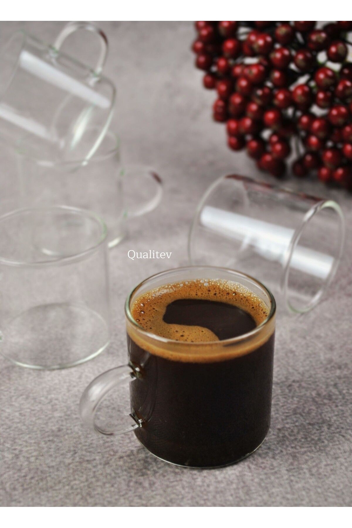 Qualitev 6 lı Cam Türk Kahvesi Fincan Seti Mini Kupa Espresso Kahve Takımı 130 ml