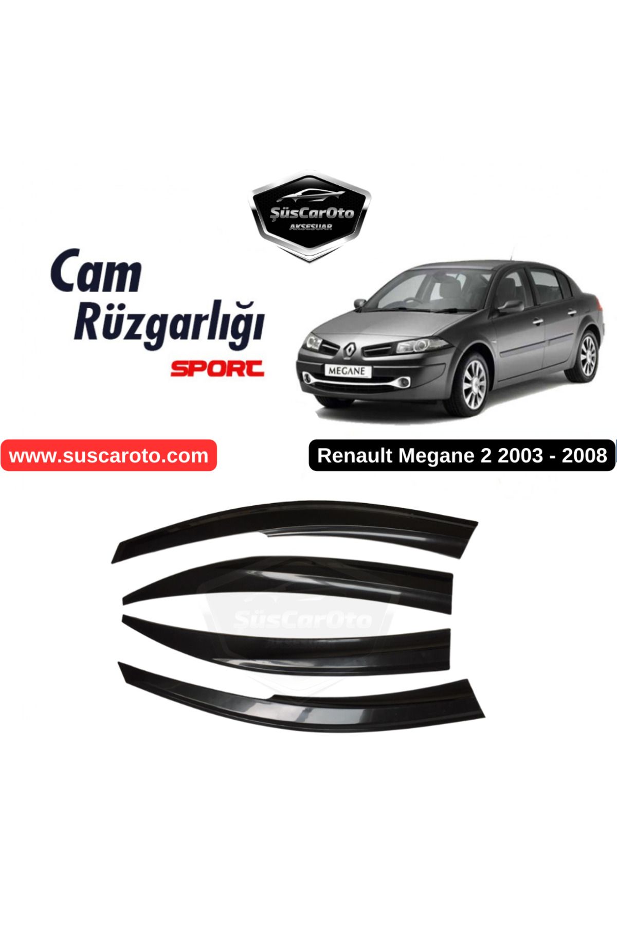 caralp Renault Megane 2 2003-2008 Uyumlu Mugen Cam Rüzgarlığı Seti Piano Black 4'lü İthal