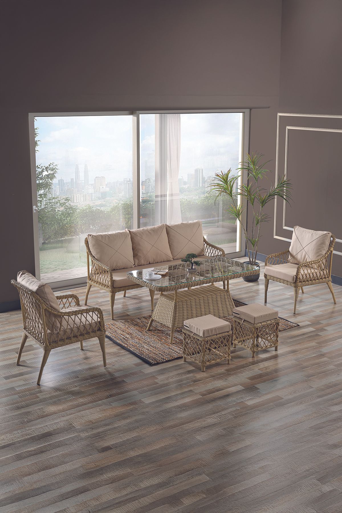 Evdemo Joy Rattan Puflu Bahçe Balkon Takımı 3+1+1+Camlı Masa Cappuccino