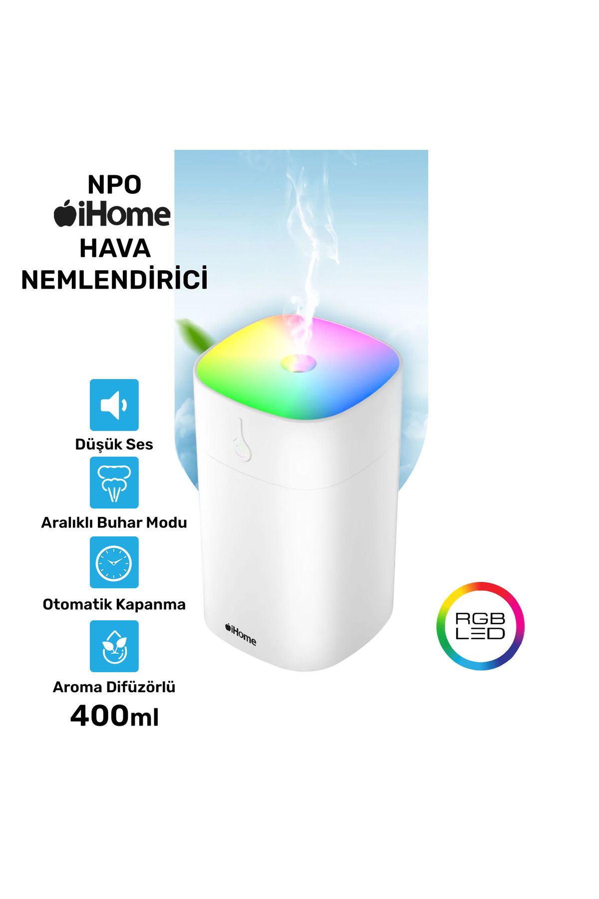 NPO iHome 400ml RGB Renkli Aromaterapi Difüzör ve Ultrasonik Hava Nemlendirici Buhar Makinesi