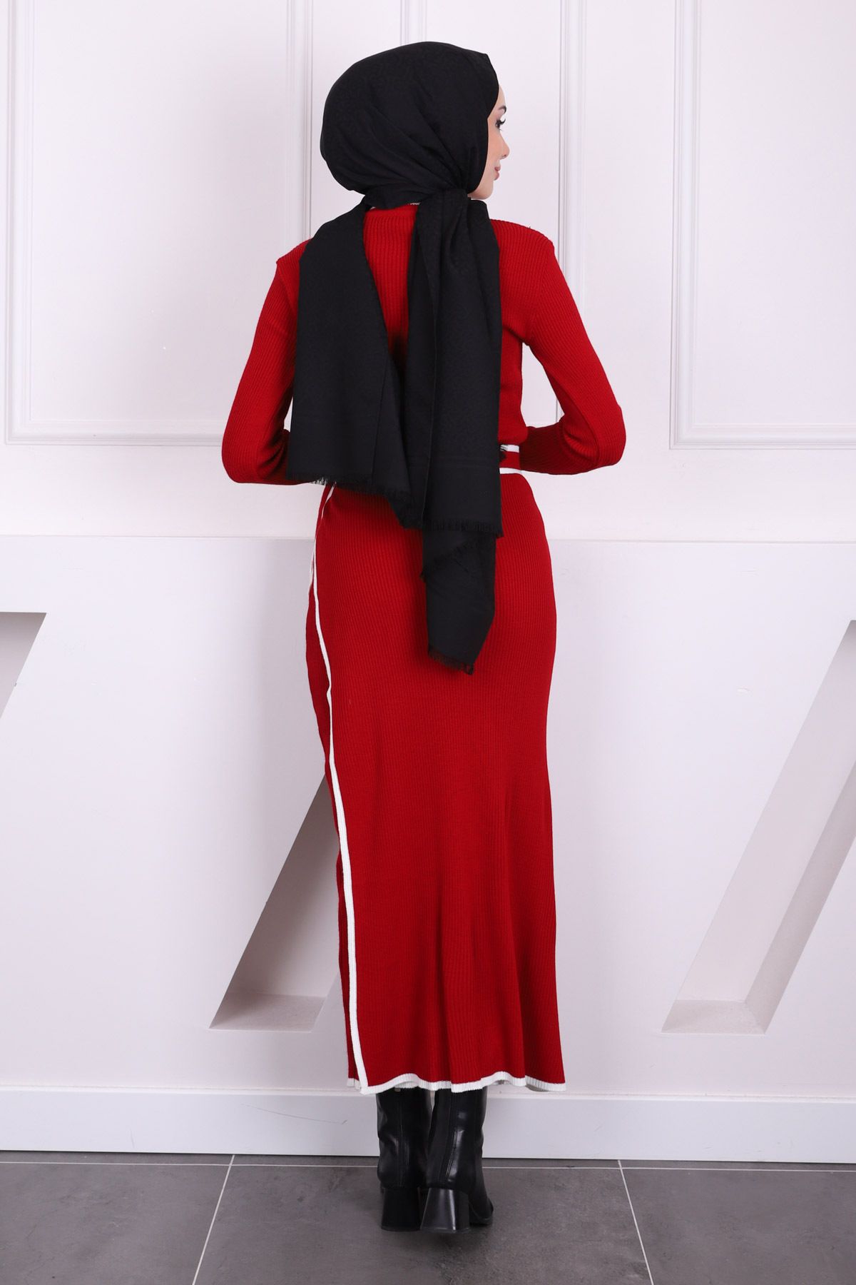 İmajButik-Red Side Tie Detailed Ribbed Double Knitwear Dress 4