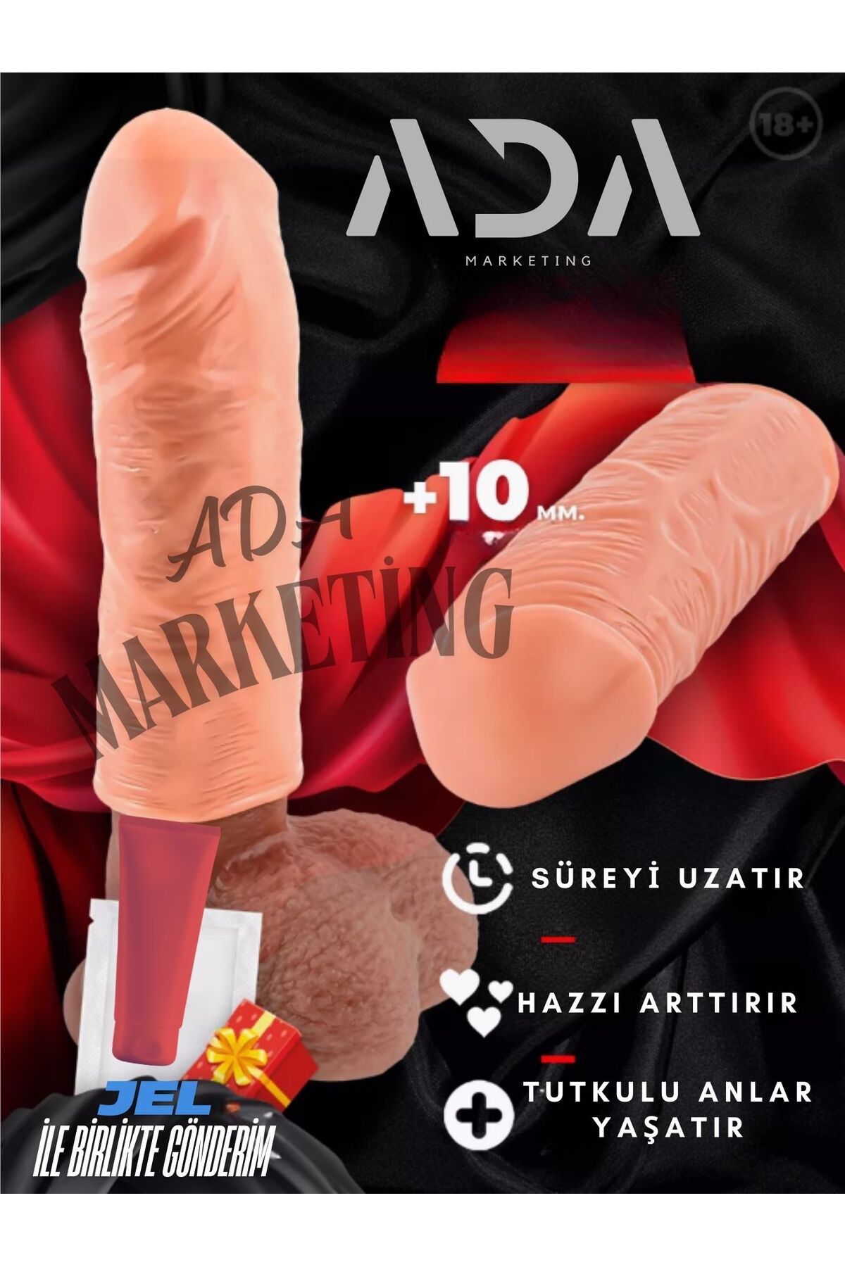 Ada Marketing Çilek Aromalı Kayganlaştırıcı Jel ve 4 cm Dolgulu 20 cm Penis Kılıfı Seti