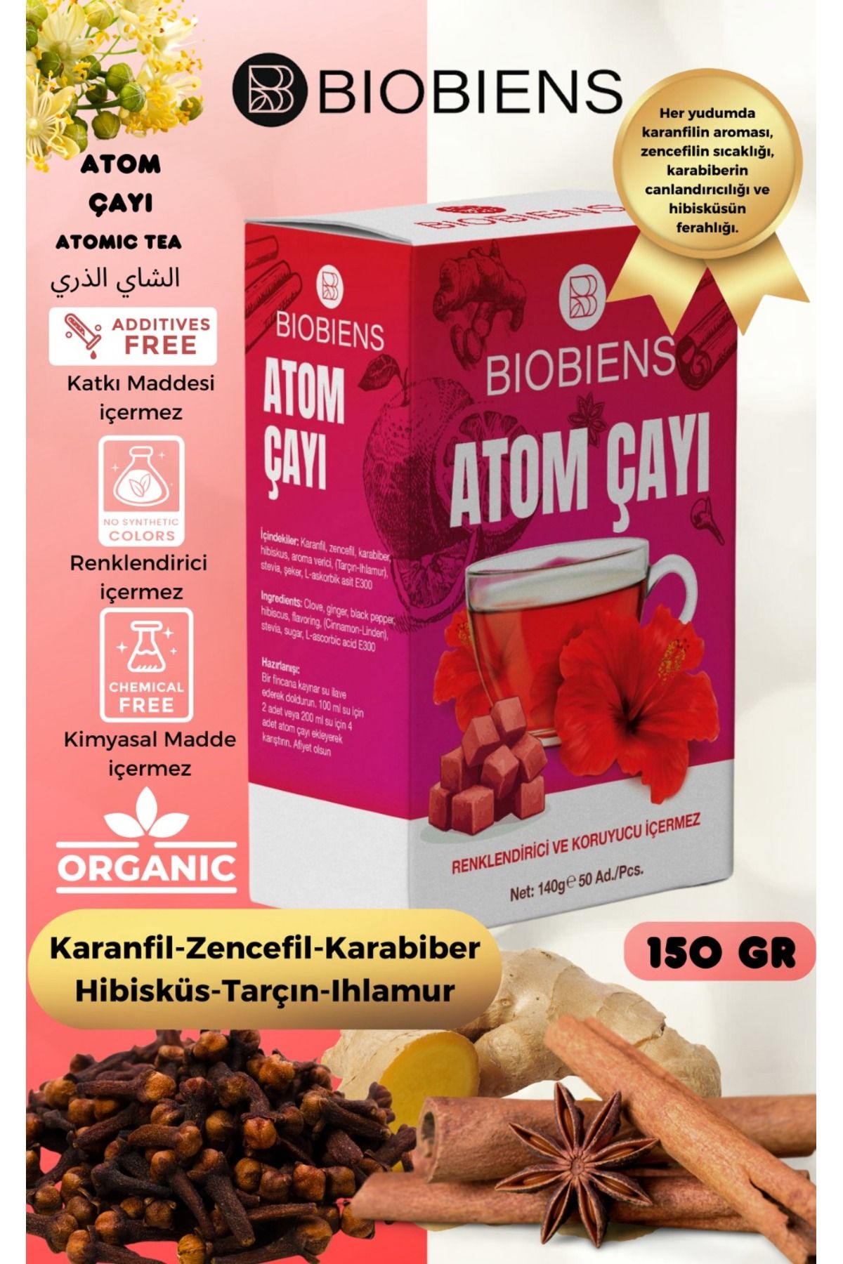 Biobiens Karanfil Zencefil Karabiber Hibisküs Tarçın Ve Ihlamurlu Küp Atom çayı 150 gr