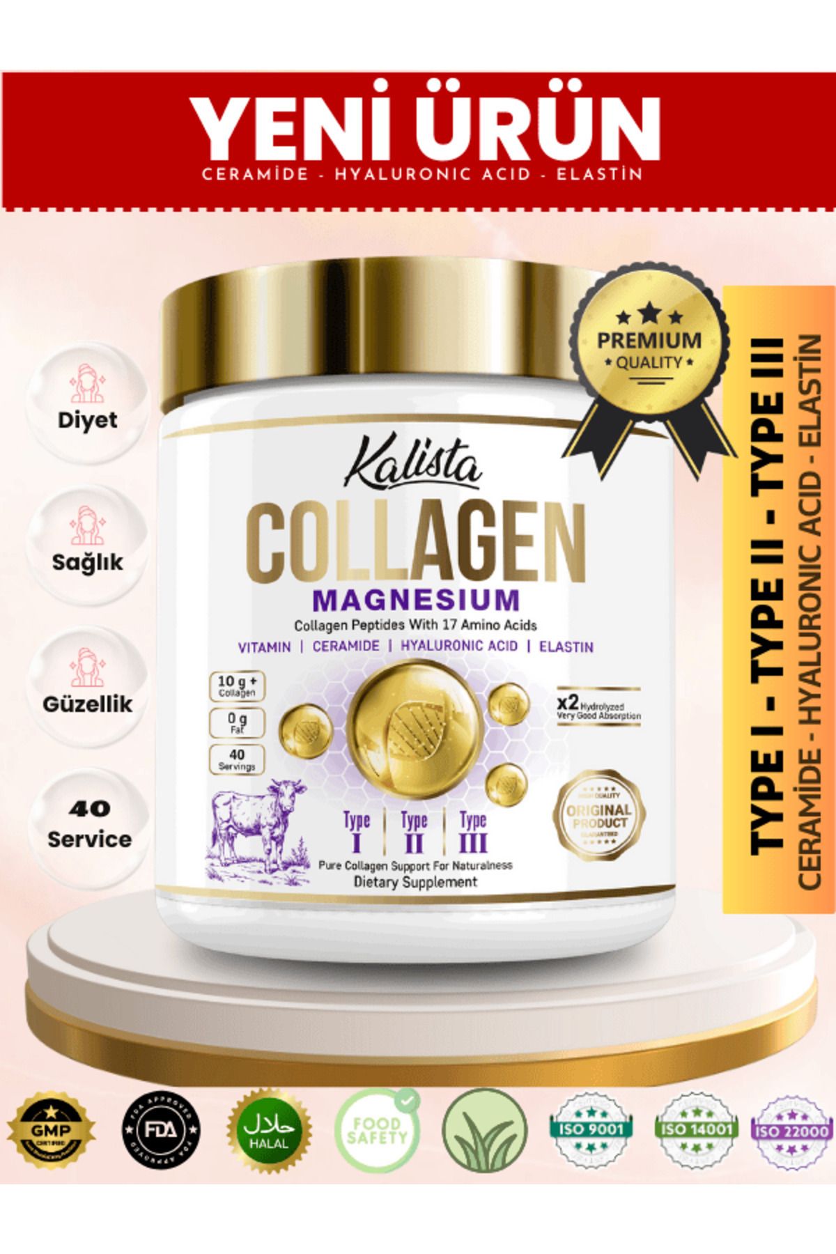 Kalista Collagen %100 Doğal ve Saf Kolajen Pepditleri-Magnezyum-Ceramid-Elastin-Hyaluronik Asit İçeren Diyet Takv.