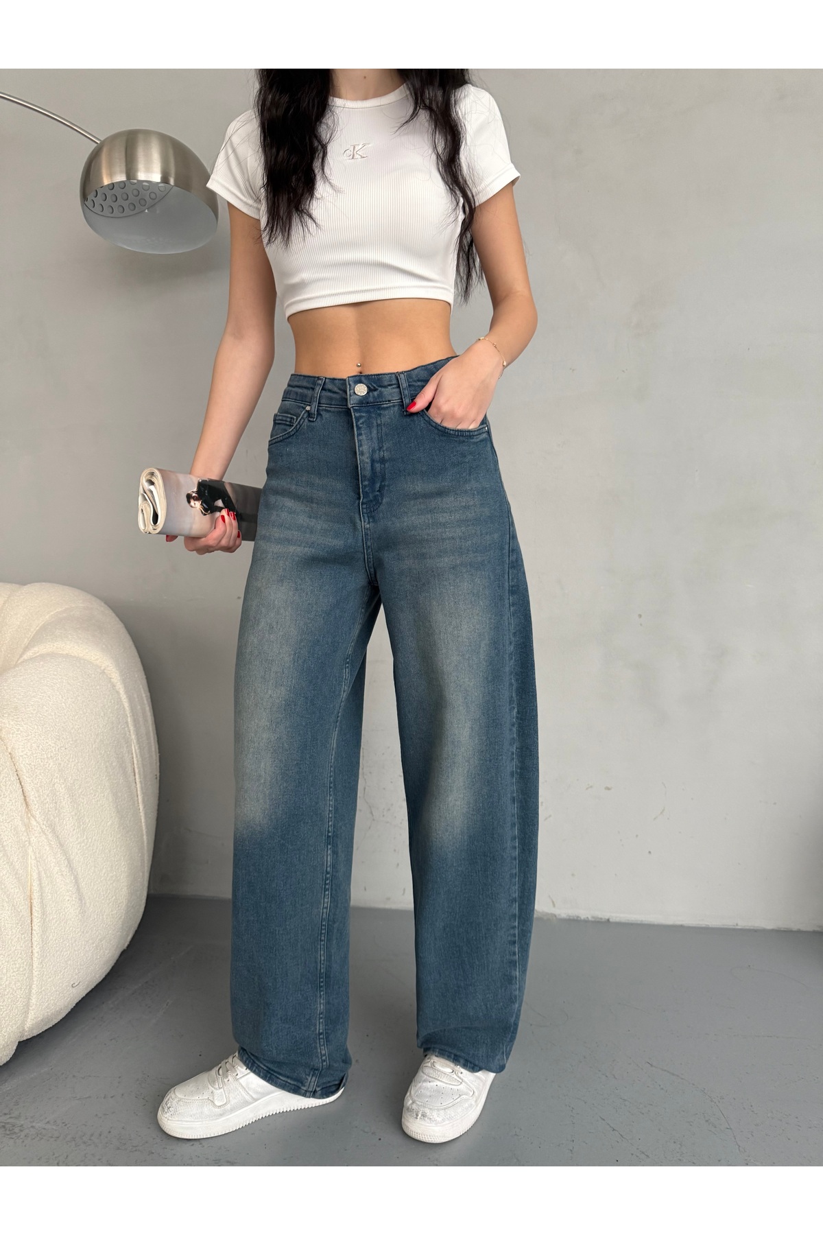 alanora  Kadın Soluk Efektli Bol Kesim Rahat Geniş Paça Baggy Jean - Görsel 2