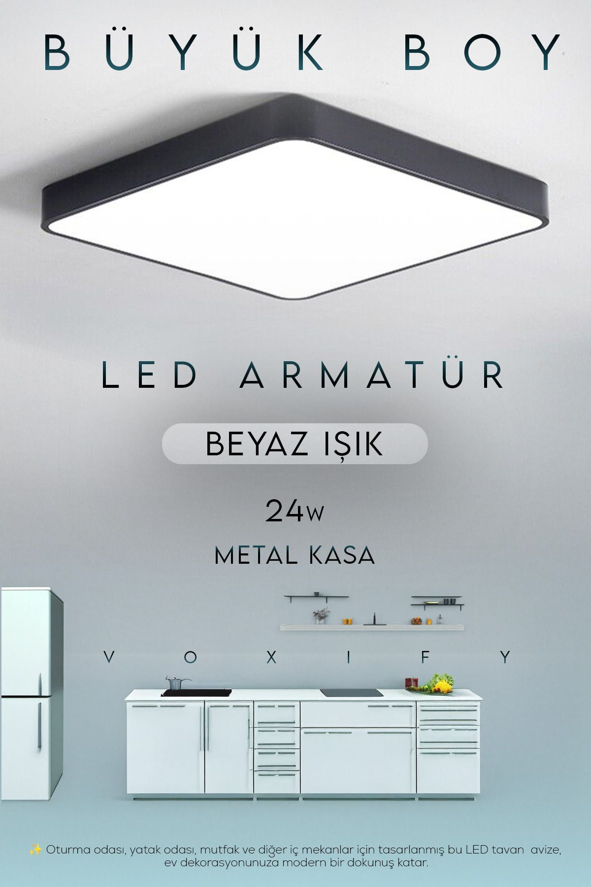 Voxify 30x30 cm Büyük Boy 24W Siyah Kasa Led Panel Avize Armatür Salon Banyo Balkon Tuvalet ve Wc Lambası