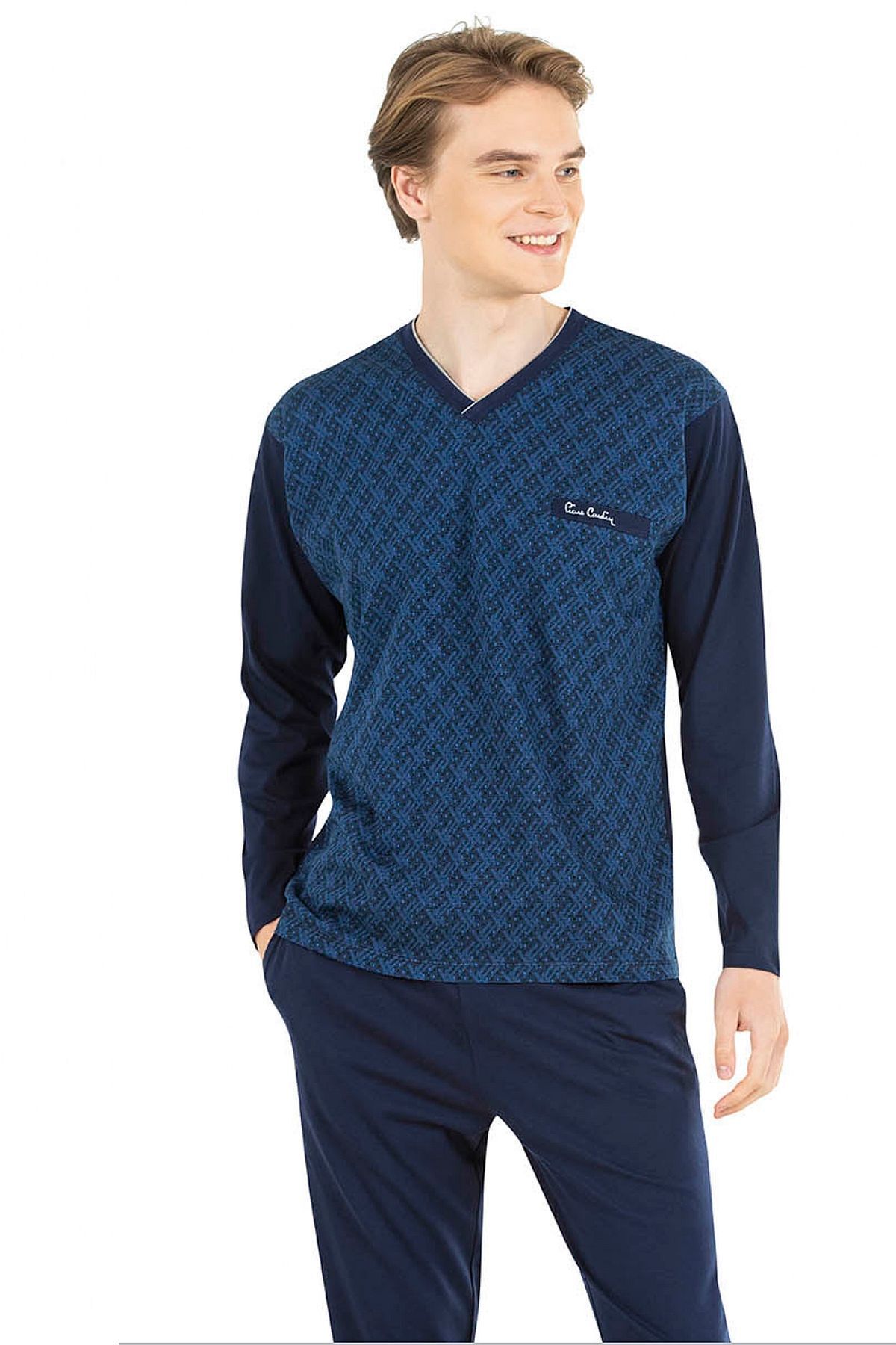 ست پیژامه آبی مردانه لباس خواب آستین بلند ژاکارد 6023 Pierre Cardin