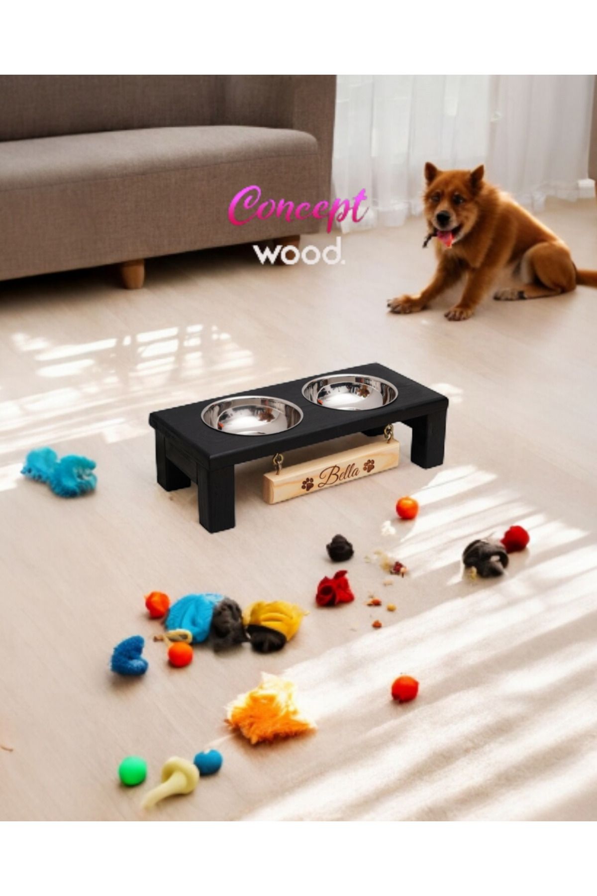 conceptwood Ahşap Özel Künyeli Kedi köpek Mama Su Kabı Standı