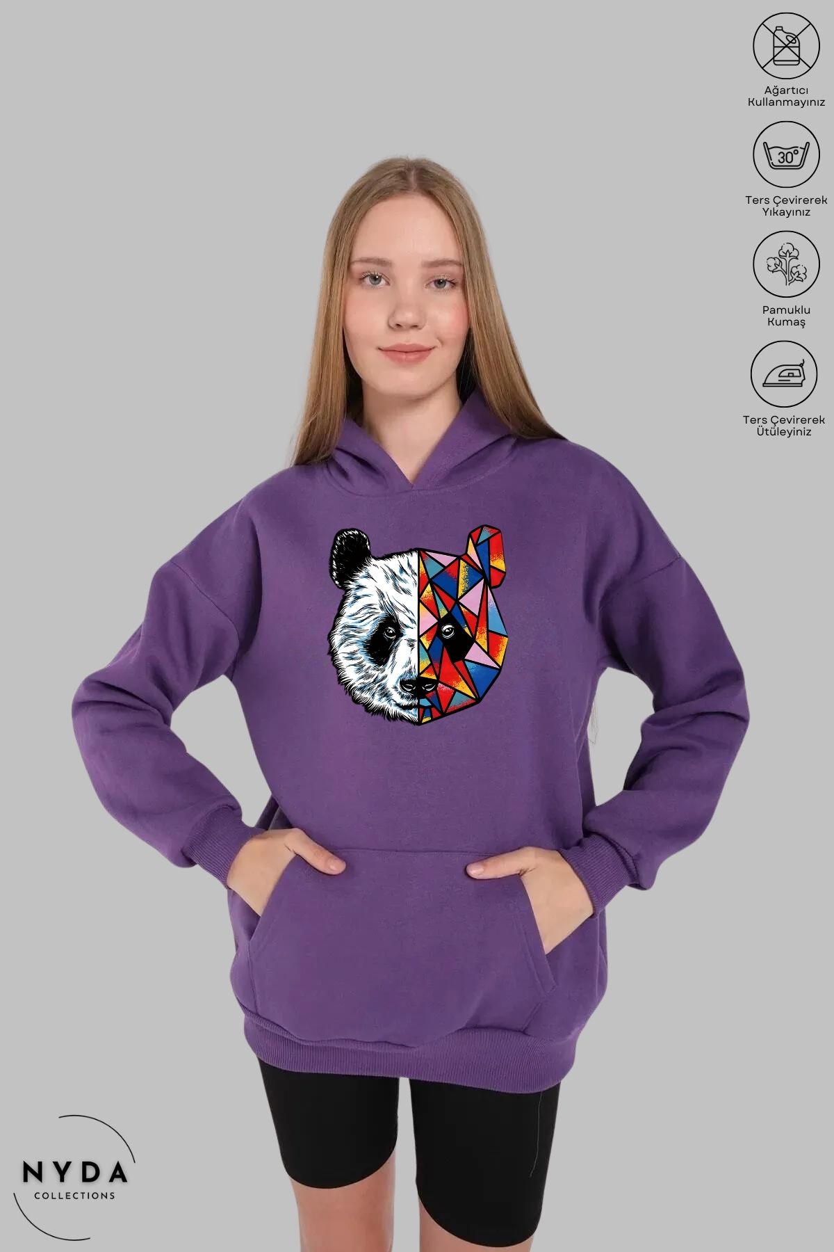 Nyda Collections Unisex Hoodie Uzun Kollu Renkli Panda Baskılı Kapüşonlu Şardonlu Sweatshirt Oversize Pamuk