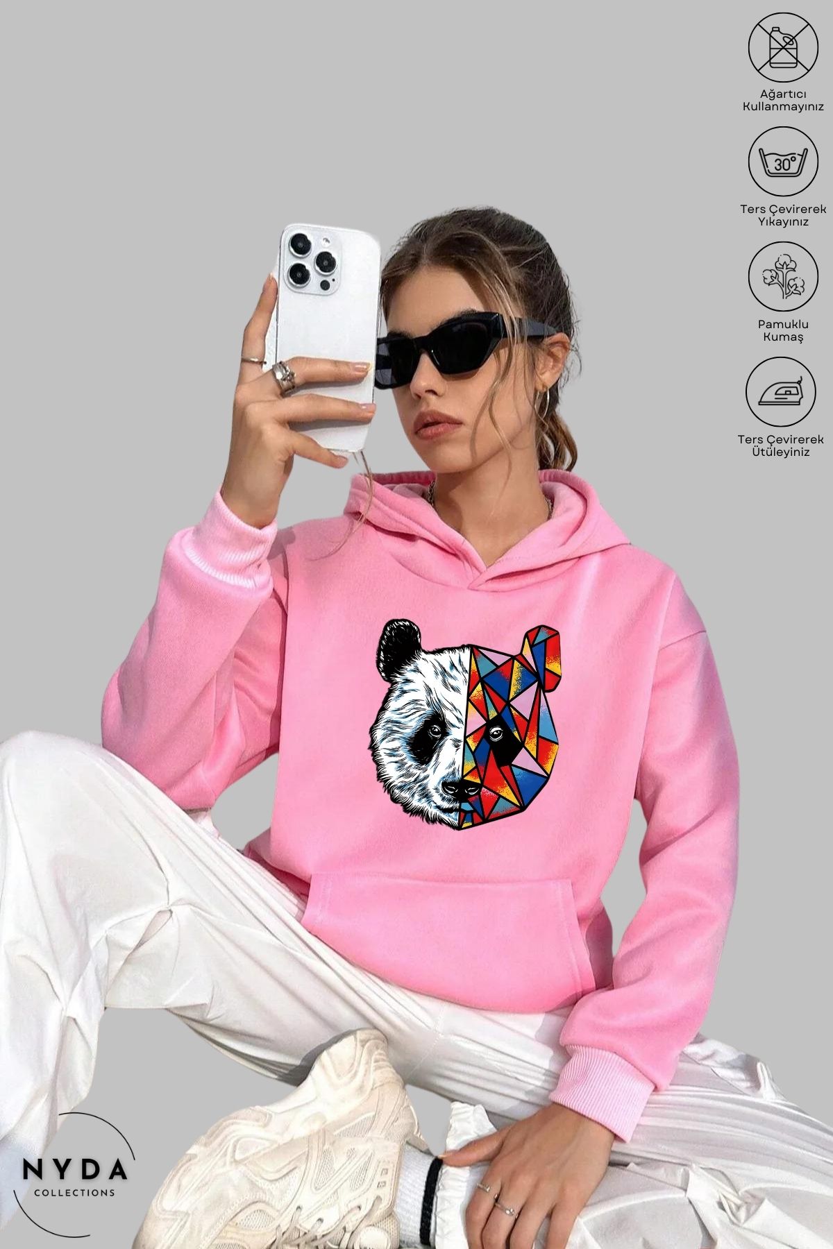 Nyda Collections Unisex Hoodie Uzun Kollu Renkli Panda Baskılı Kapüşonlu Şardonlu Sweatshirt Oversize Pamuk