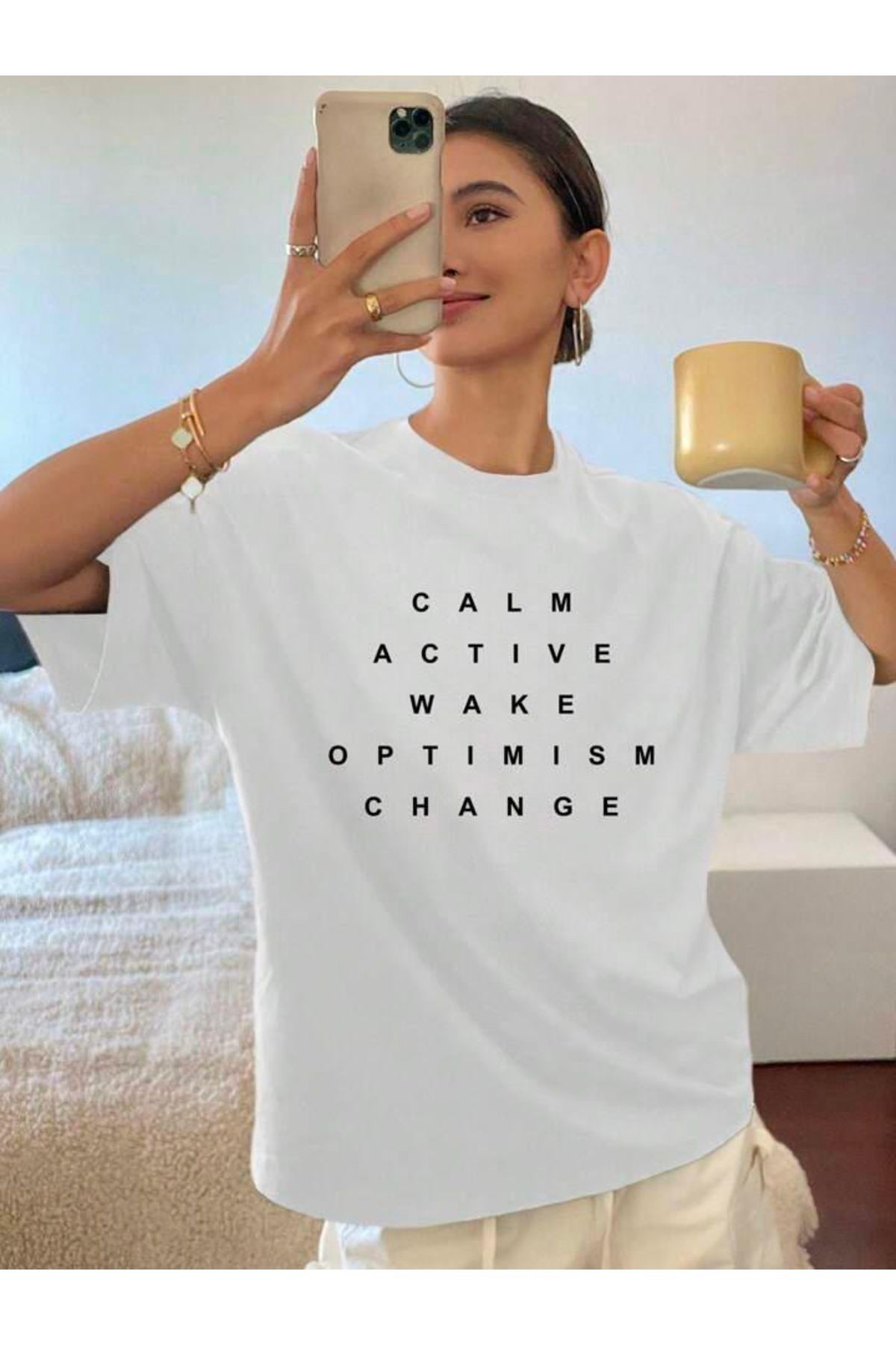 Boi Kadın Calm Active Wake Baskılı Oversize T-shirt-Kısa kol Yazlık Pamuklu Tişört