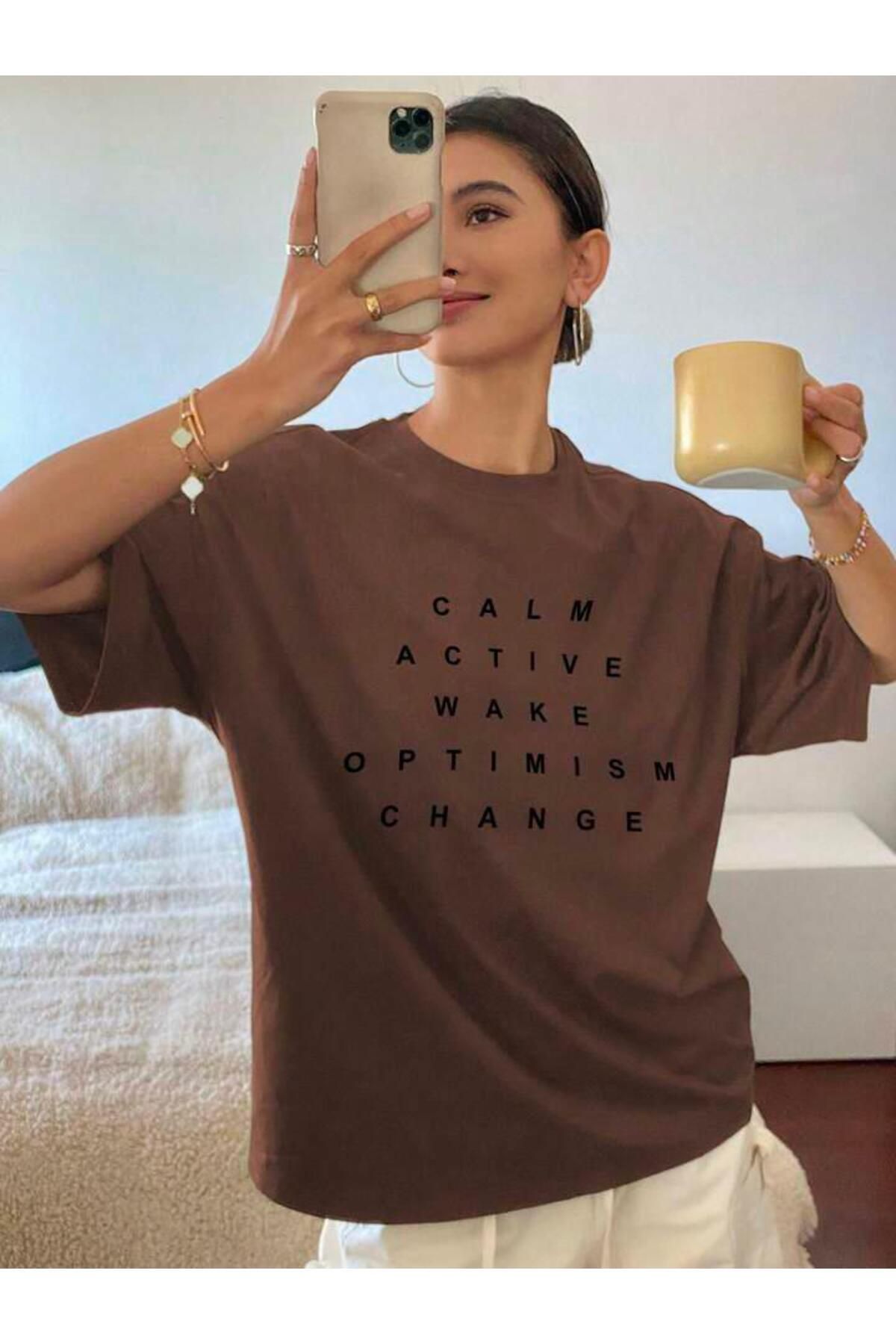 Boi Kadın Calm Active Wake Baskılı Oversize T-shirt-Kısa kol Yazlık Pamuklu Tişört