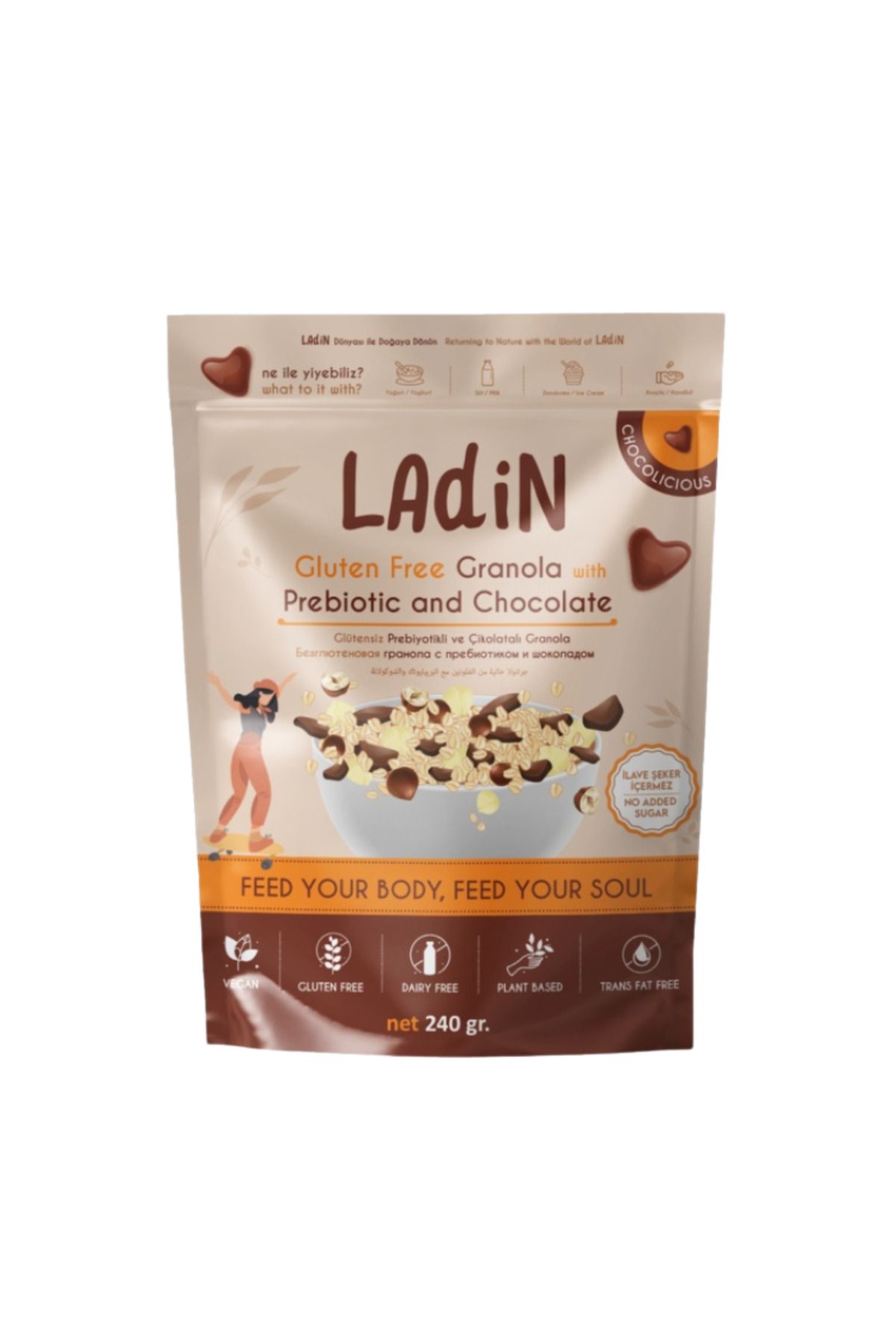 Ladin Organics Ladin Glütensiz Prebiyotikli ve Çikolatalı Granola 240 gr(ilave şekersiz,katkısız)