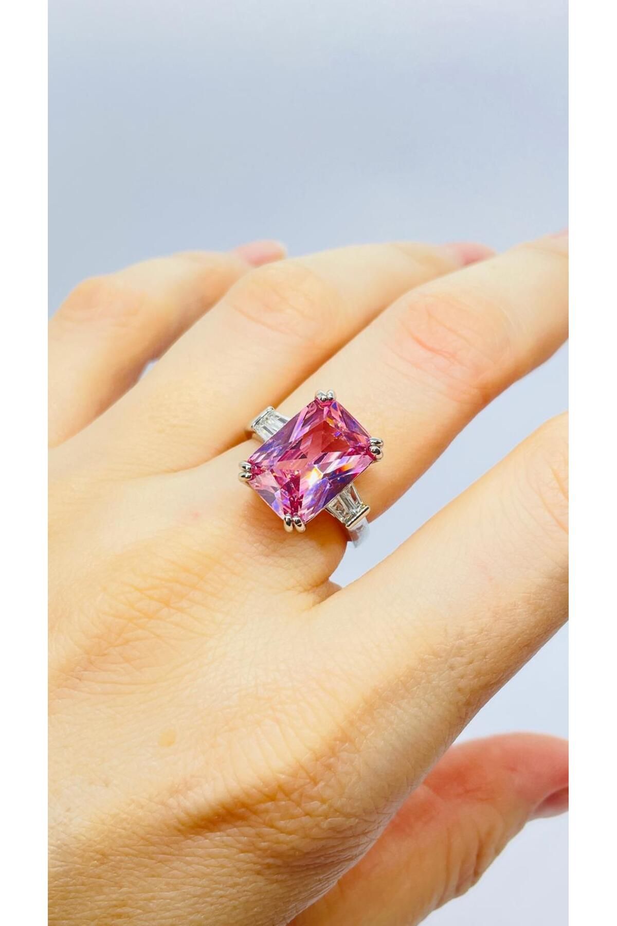 NİNS JEWELRY Baget Pembe Taşlı Gümüş Yüzük