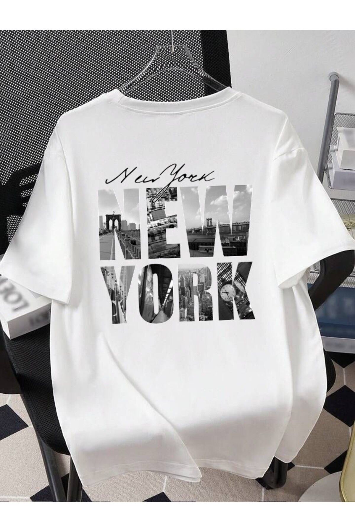 BLACKUMAY New York Baskılı Oversize Bisiklet Yaka T-shirt