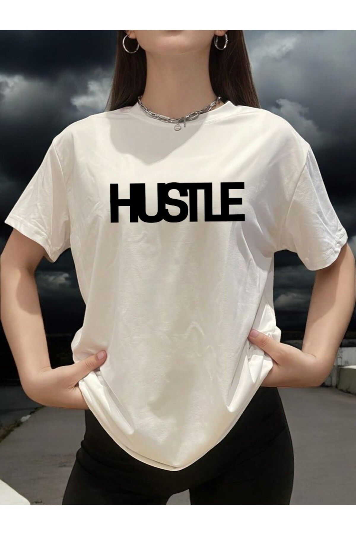 BLACKUMAY Hustle Baskılı Oversize Beyaz T-shirt