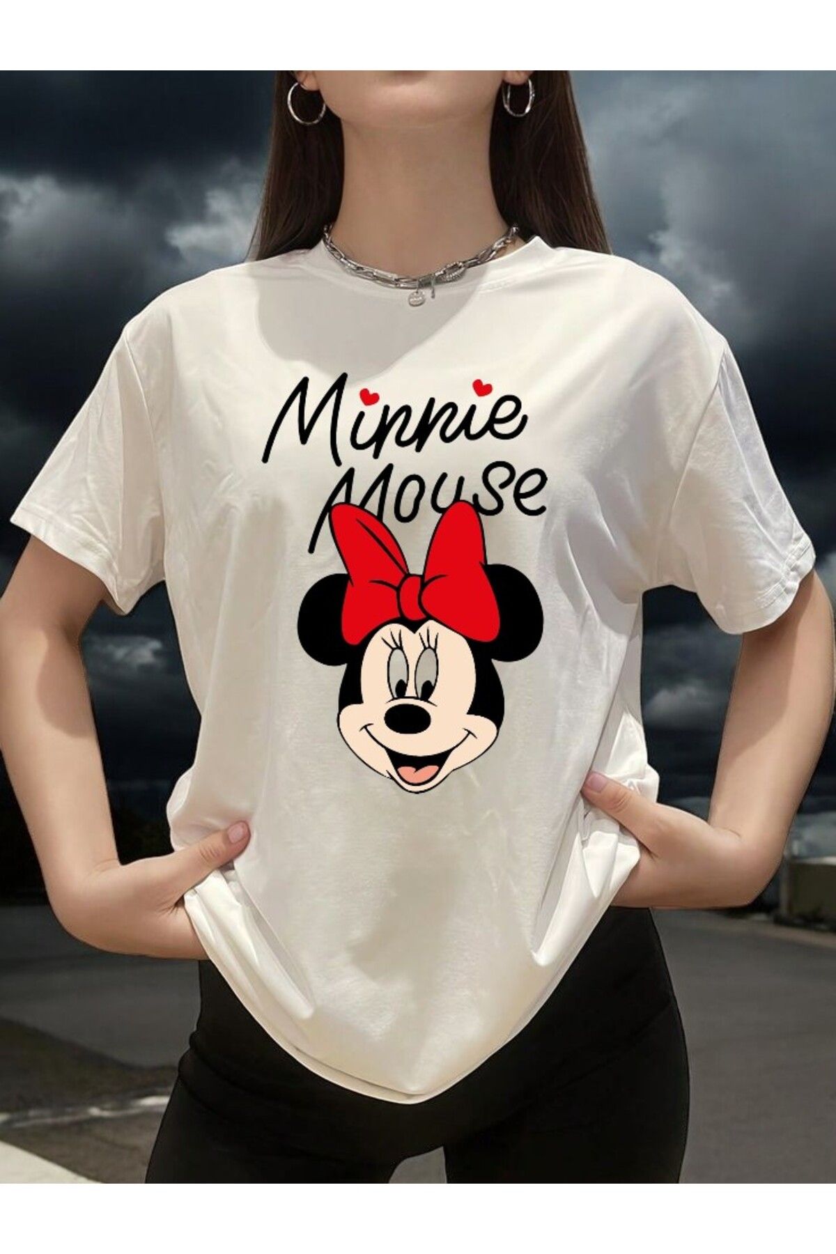 BLACKUMAY Minnie Mouse Kurdela Bisiklet Yaka oversize T-shirt