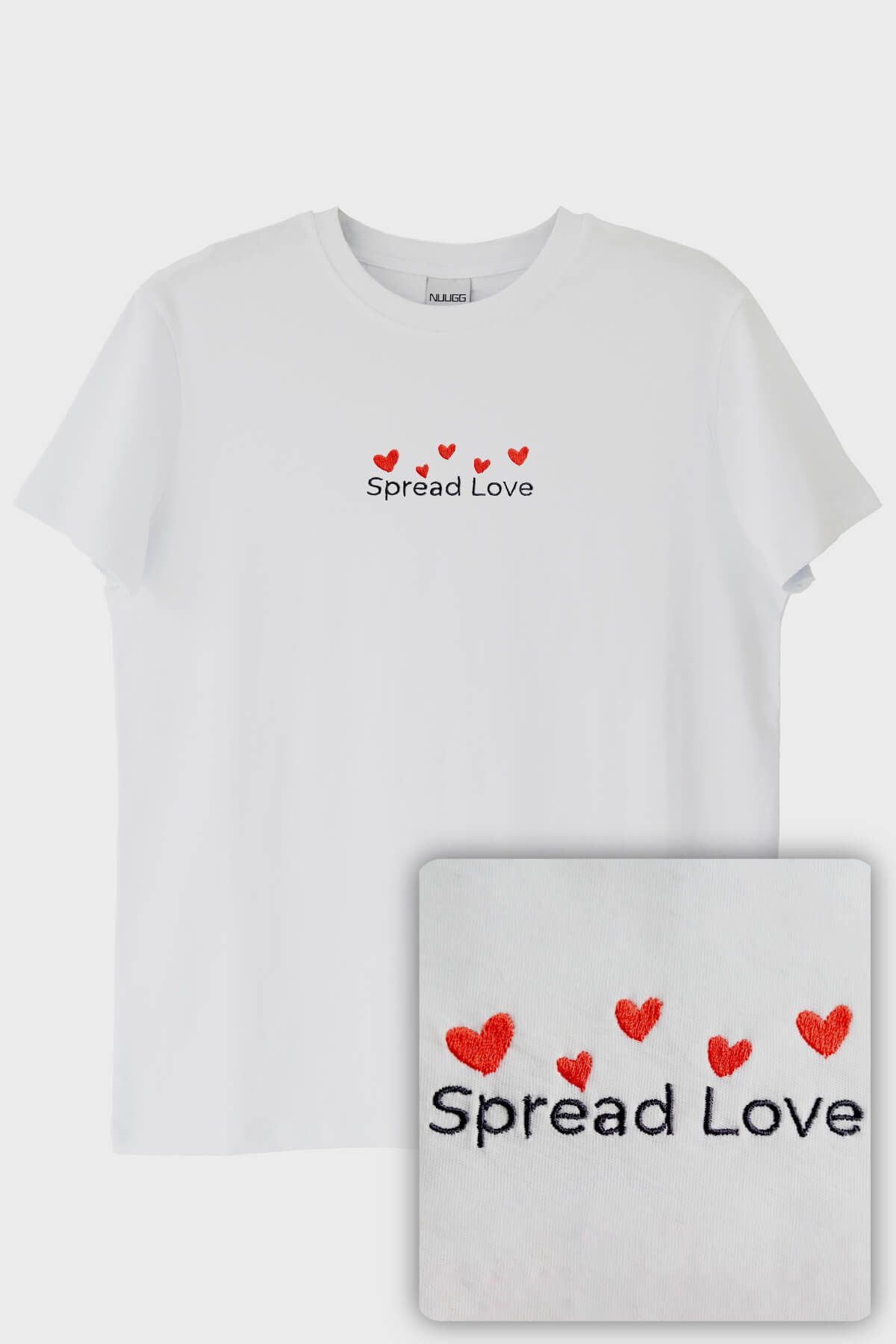 NUUGG Spread Love Yazılı Kalp Desenli Nakış Tişört - Sevgililer Günü Hediyesi