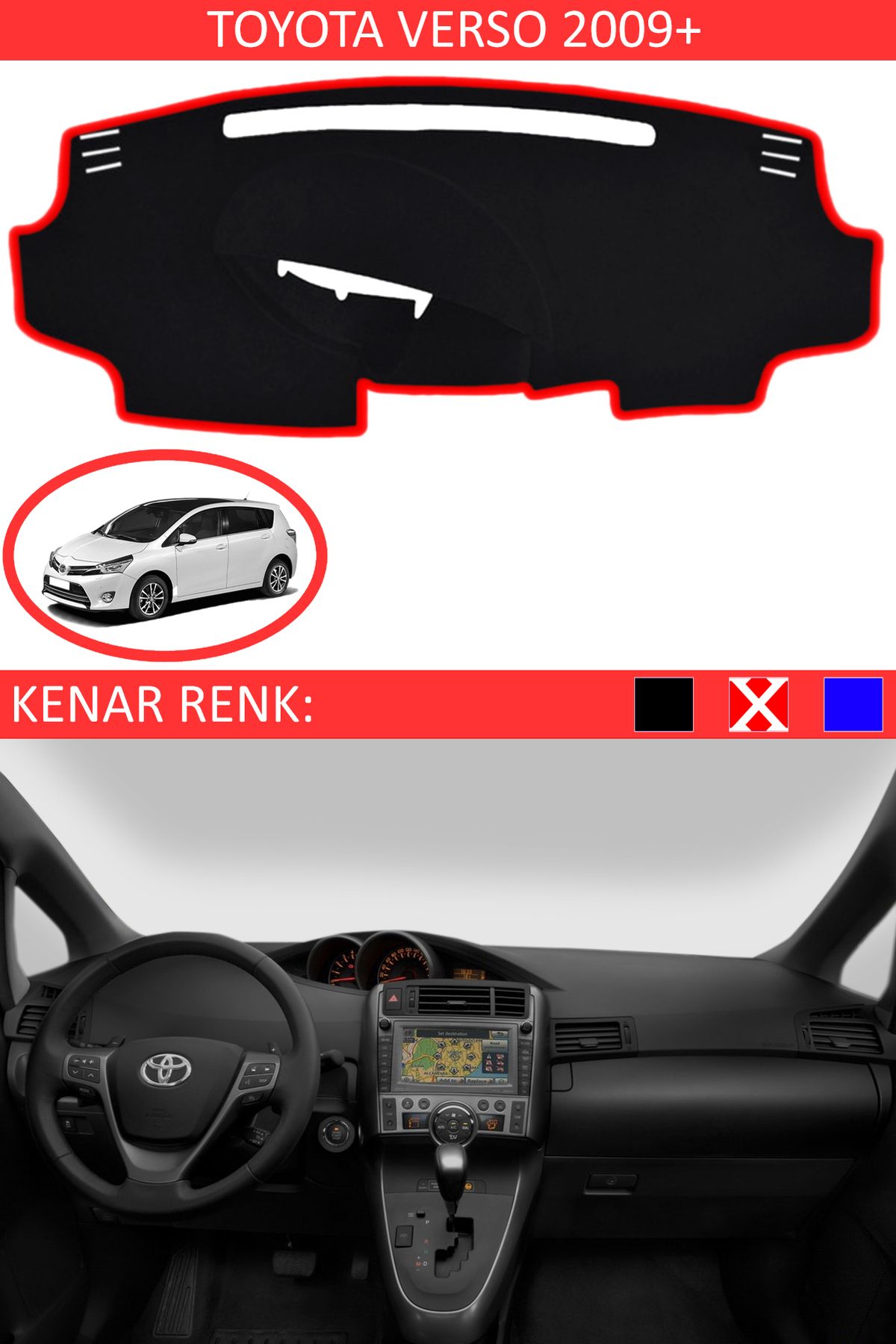 Auralight Toyota Verso 2009 + İçin Uygun Torpido Koruma Halısı Siyah Kenar Renk Kırmızı