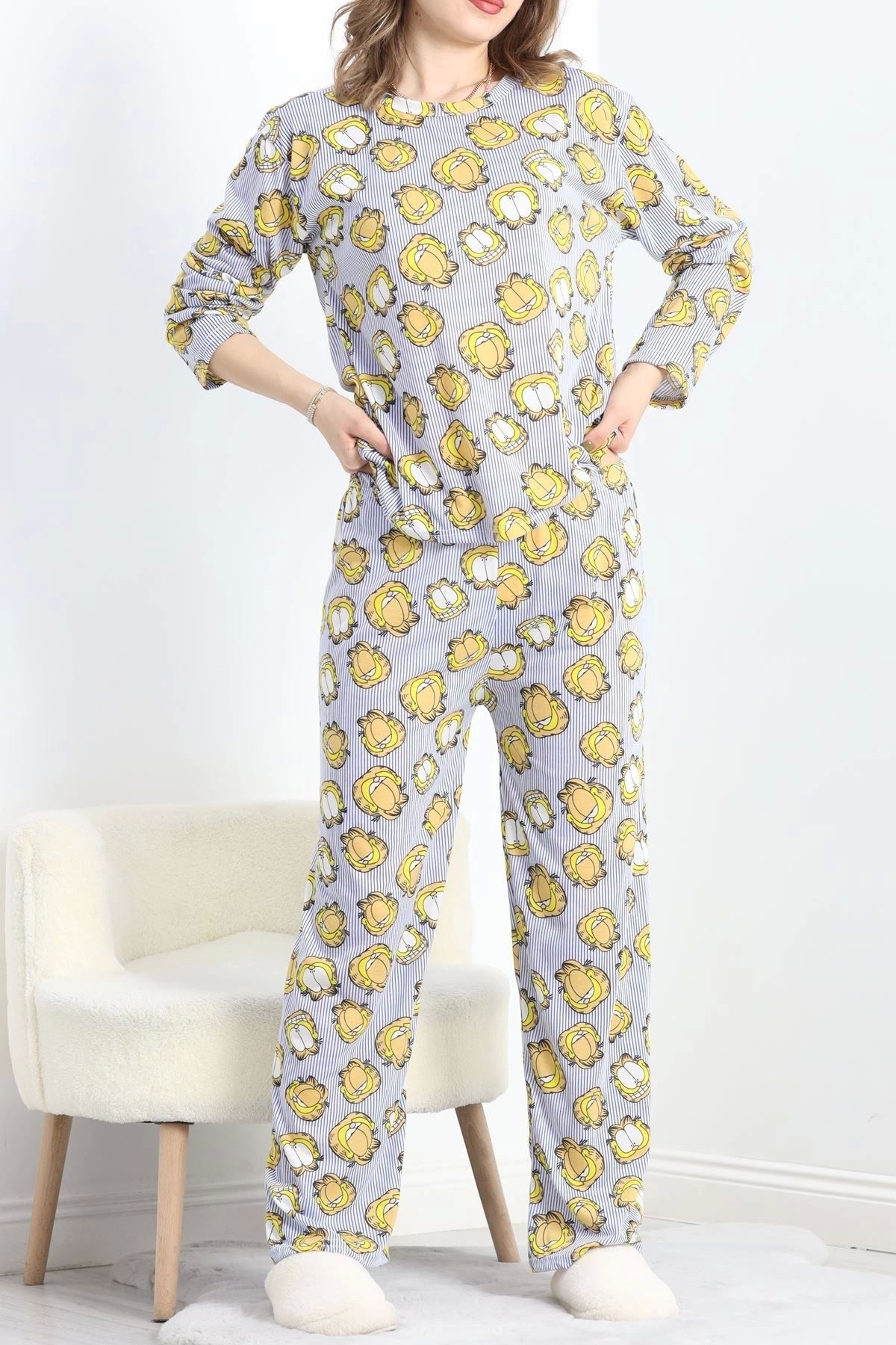 Butik Desenli Poliviskon Pijama Takımı Laciçizgili - 818.1287.