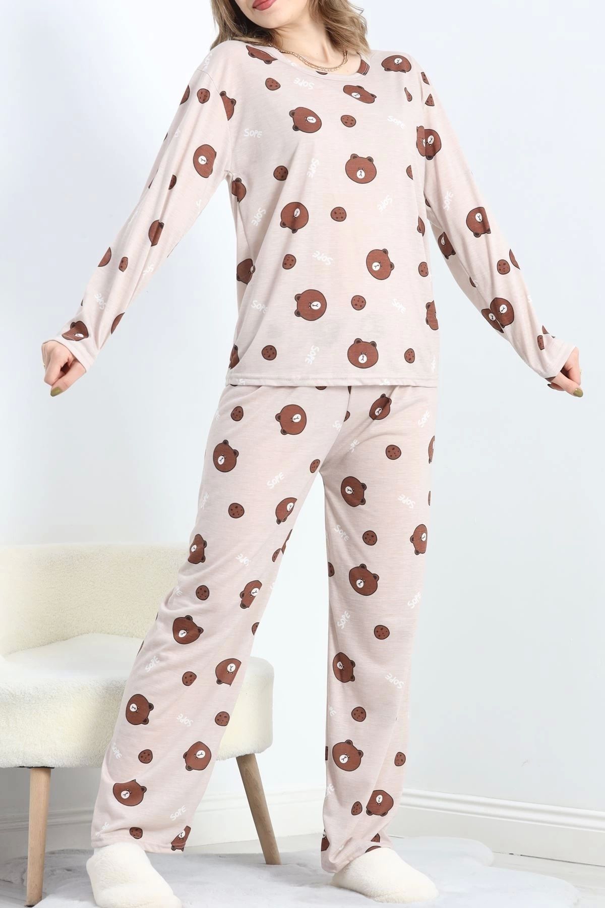 Butik Desenli Poliviskon Pijama Takımı Vizon - 818.1287.