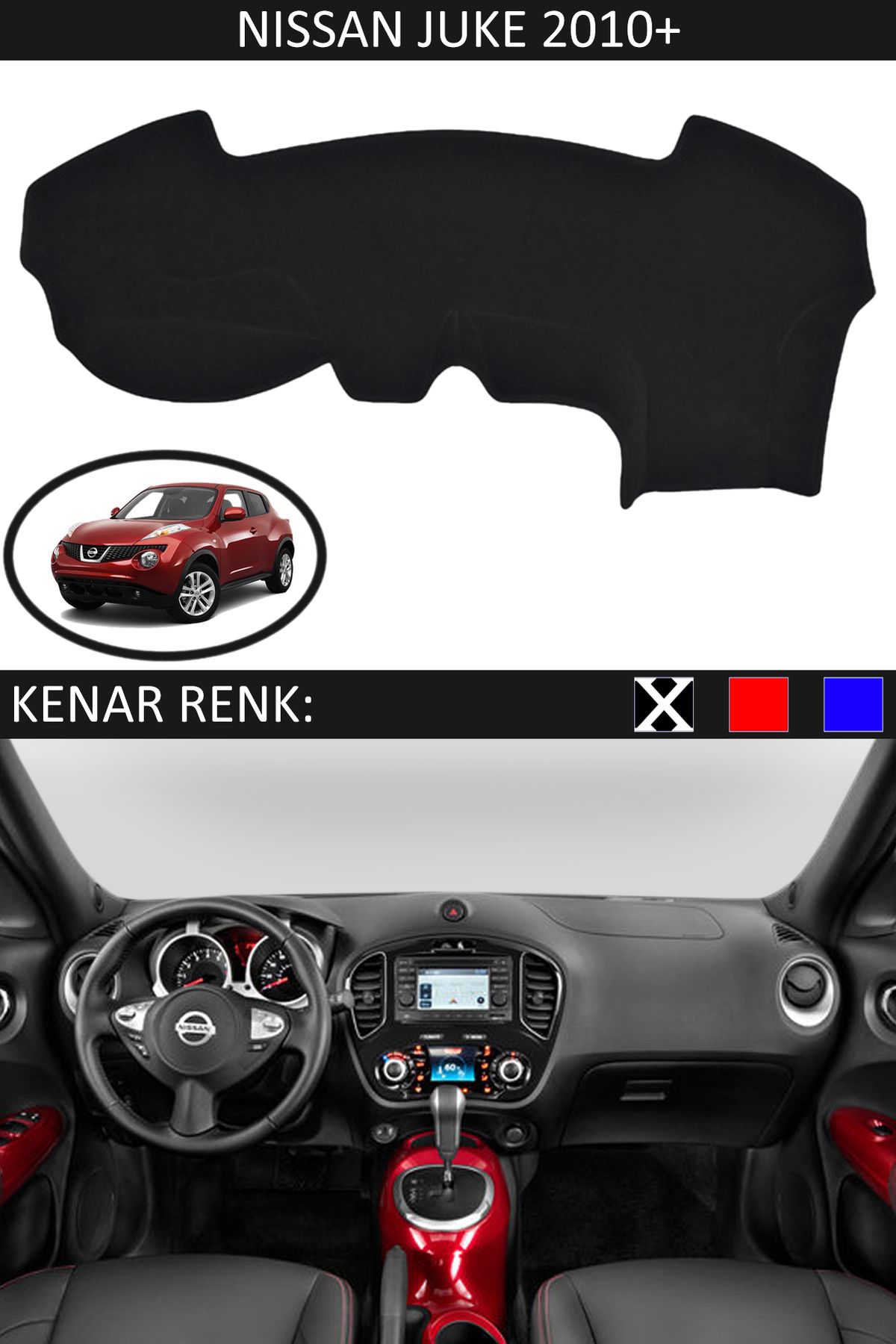 Auralight Nissan Juke 2010+ İçin Uygun Torpido Koruma Halısı Siyah Kenar Renk Siyah