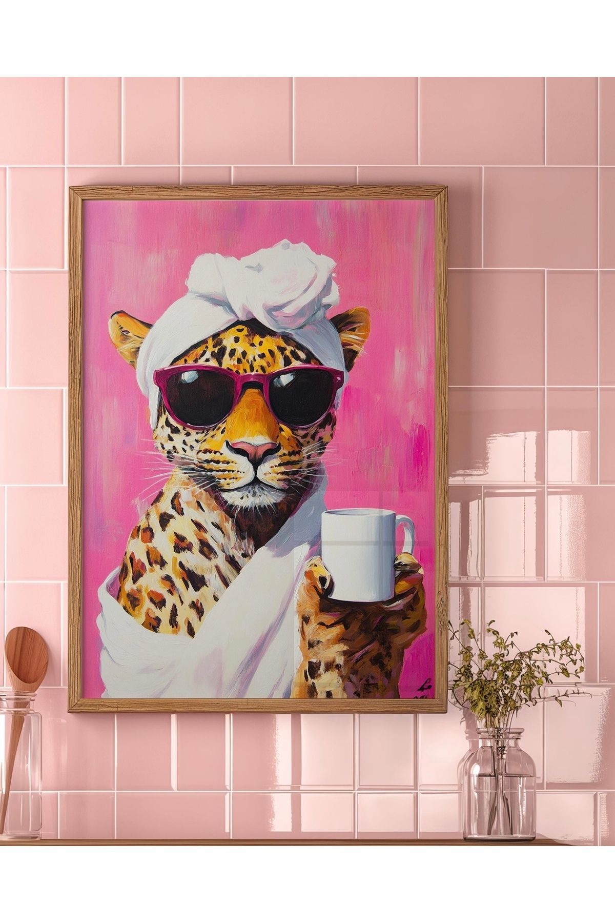 HandMadeBuy Kahve İçen Leopar Çerçevesiz Poster, Retro Poster, Leopar Poster, Tablo Ölçülerinde Poster