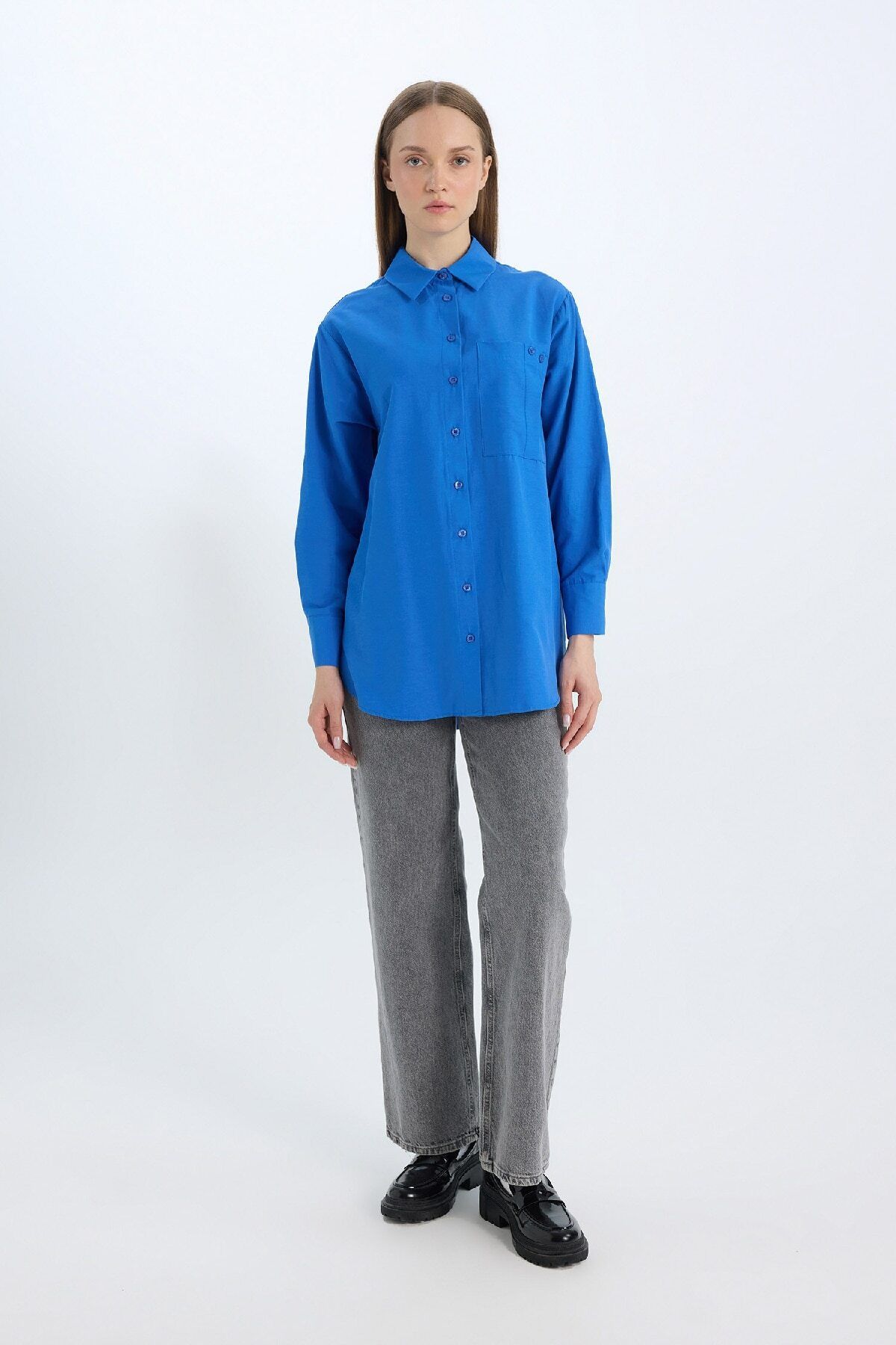 DeFacto-Relax Fit Poplin Basic Solid Long Sleeve Shirt Tunic D7342Ax25Sp 2