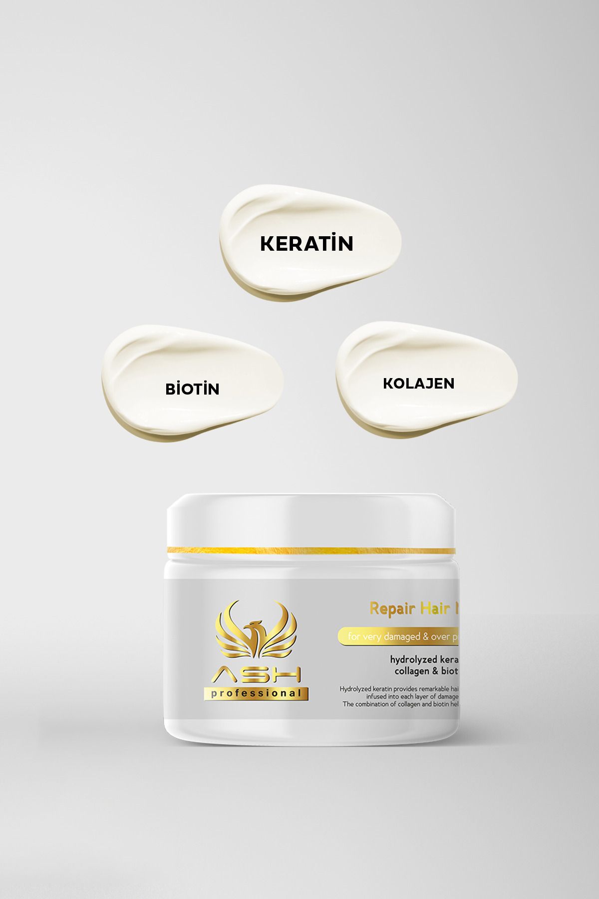 ماسک مراقبت از شوک ترمیم کننده مو حاوی کلاژن، کراتین، بیوتین است Ash professional