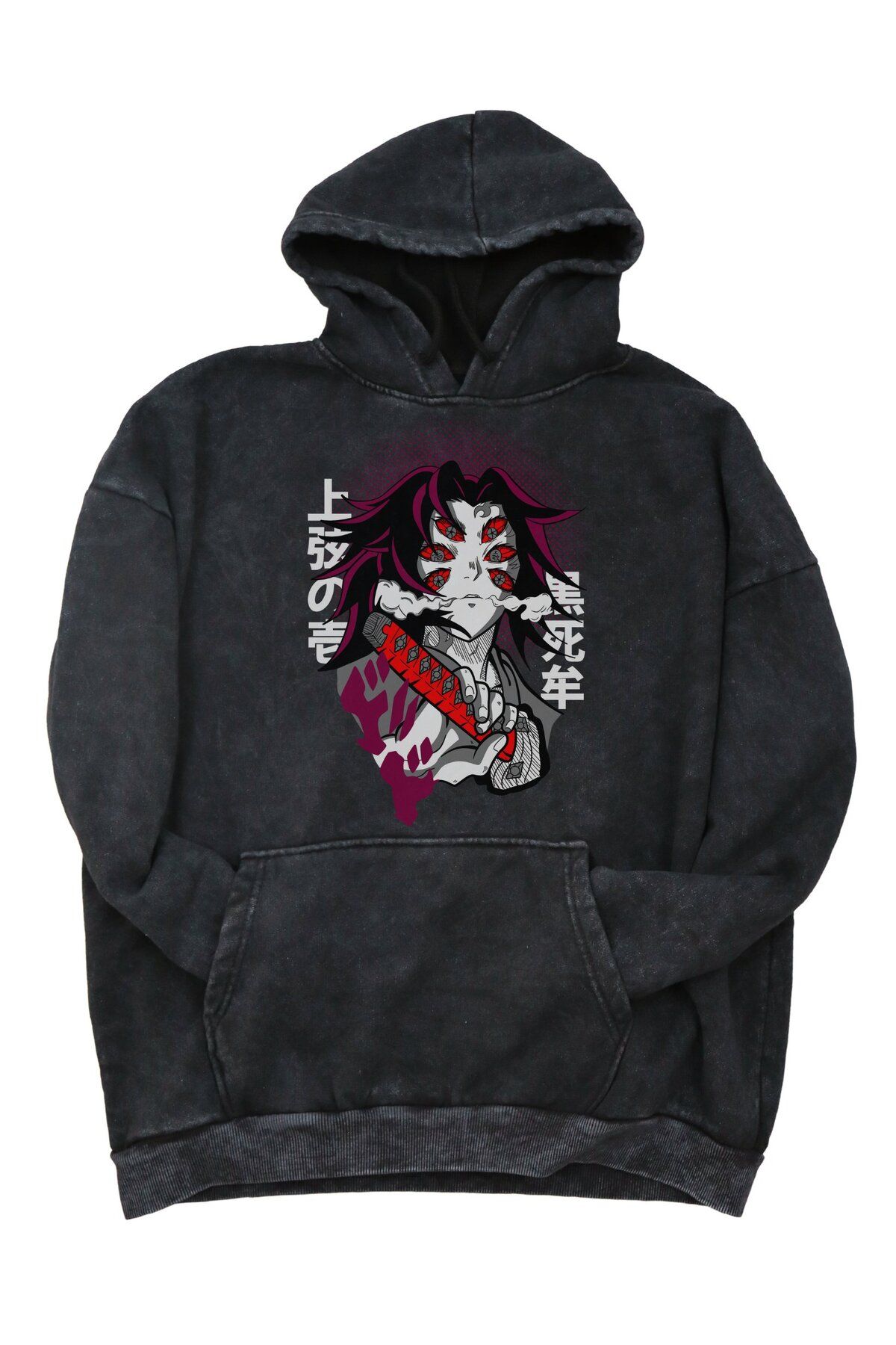 Fuddy Moda Oversize Kokushibo Demon Slayer Baskılı Kapüşonlu Yıkamalı Sweatshirt, Unisex Anime Temalı Hoodie