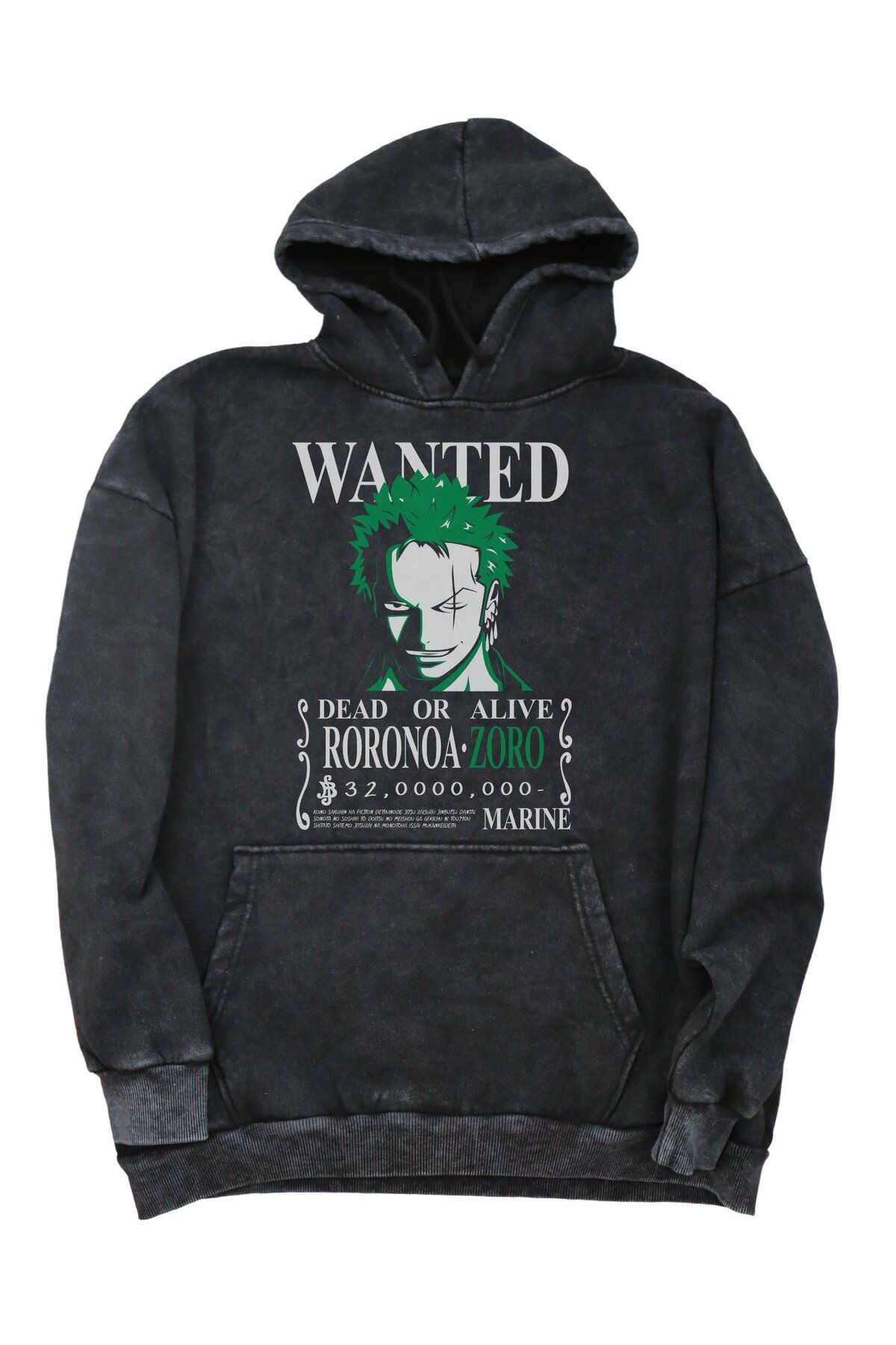 Fuddy Moda Oversize Wanted Zoro Baskılı Kapüşonlu Yıkamalı Sweatshirt, Unisex One Piece Anime Temalı Hoodie