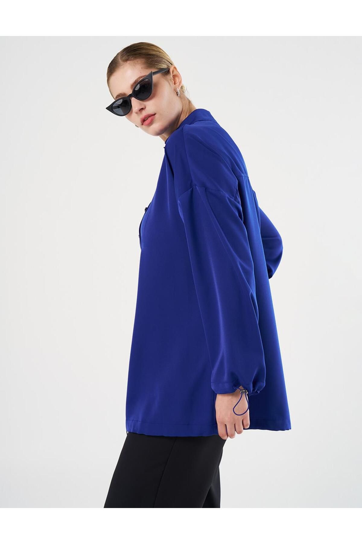 Kayra-Saks Color Shiny Buttoned Stand Collar Tunic 4