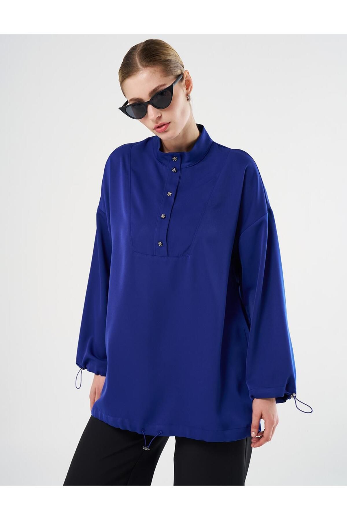 Kayra-Saks Color Shiny Buttoned Stand Collar Tunic 5