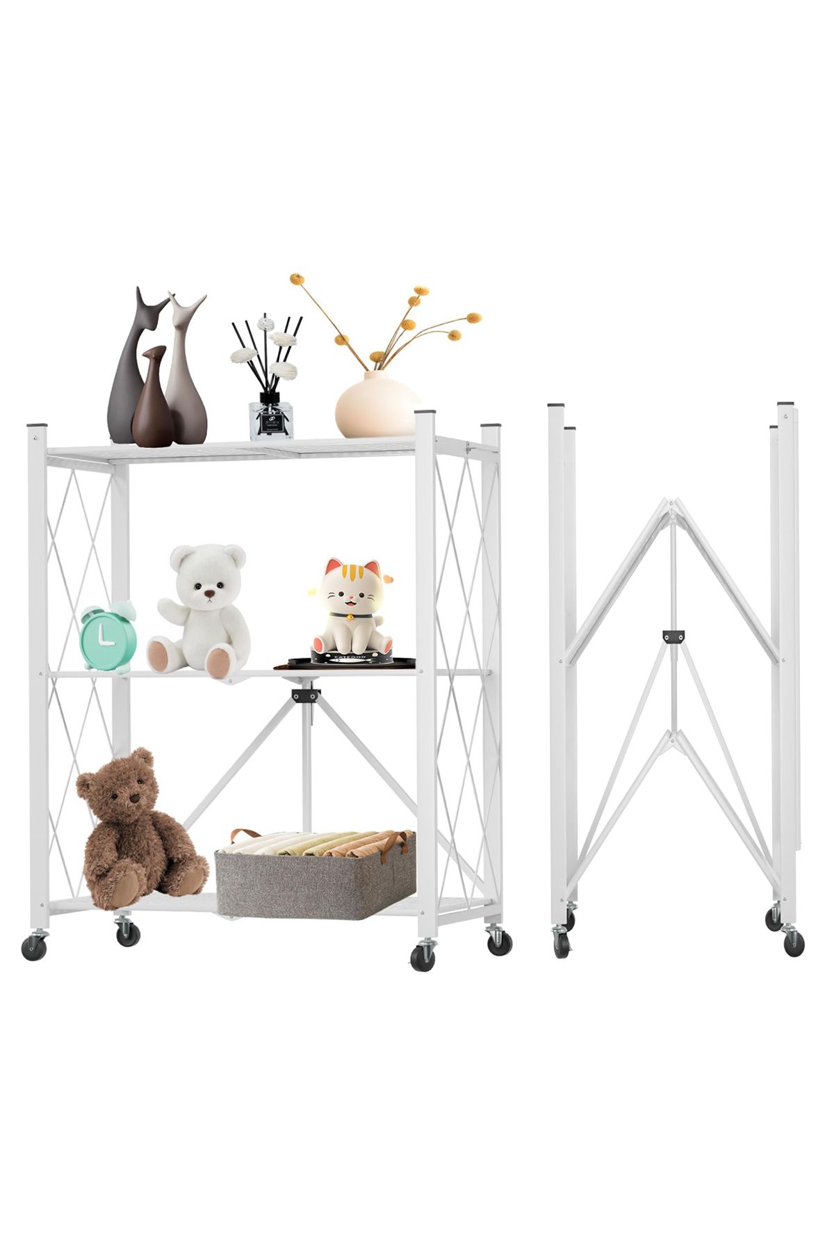 X SPRING-3 Tier Foldable Storage Shelf With Wheels,rolling Standing Utility Rack For Kitchen,white 1