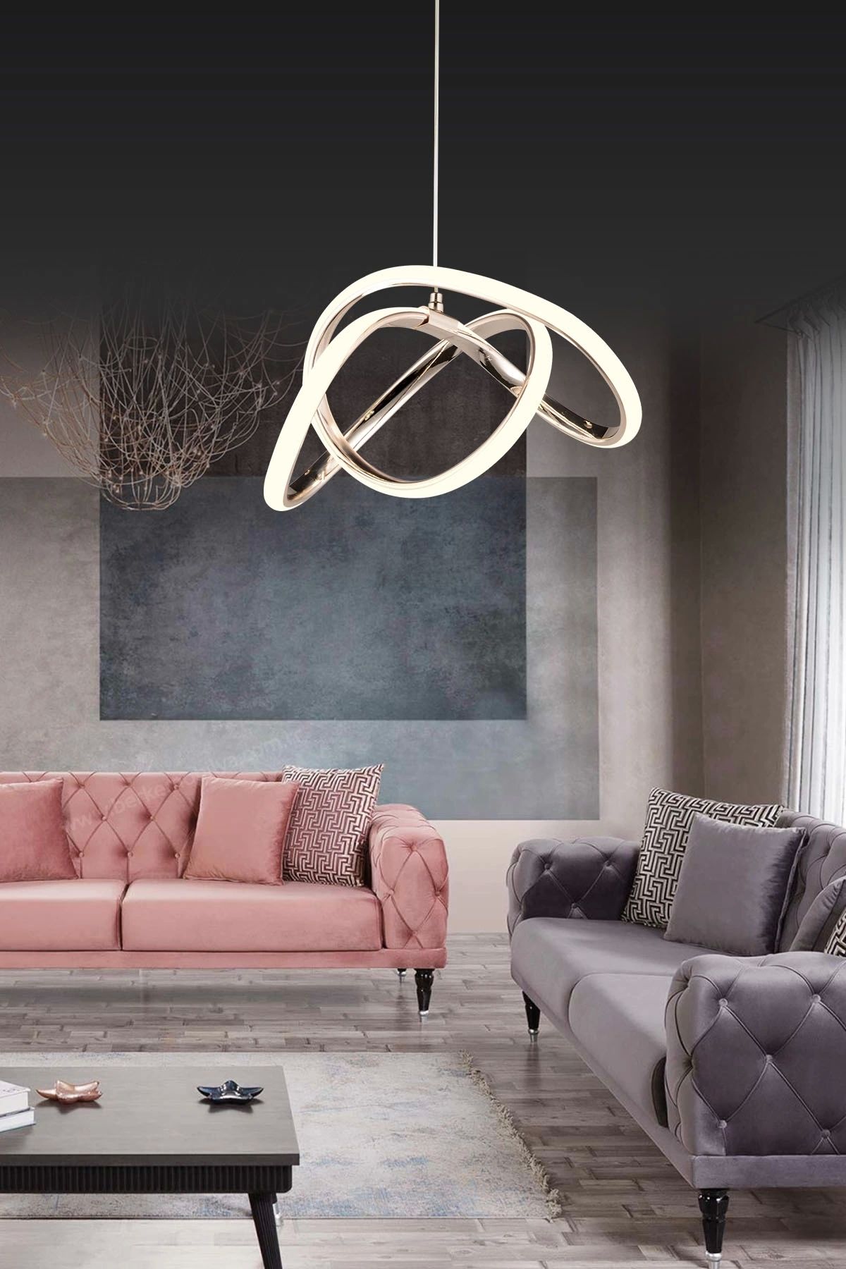 NZL Lighting Modern Luxury Kıvrımlı Üç Renkli Gold Sarkıt Ledli Oturma Odası Avize ve Salon Ledli Avize