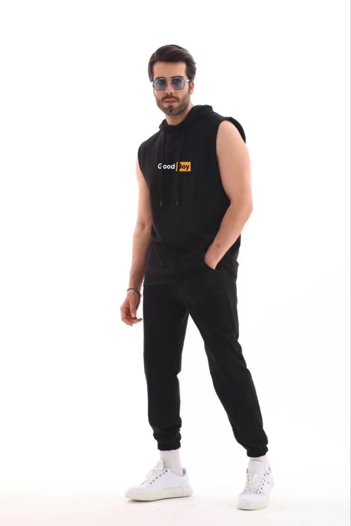 CVS Unisex Kapşonlu Kolsuz Oversize Baskılı Tişört - Siyah