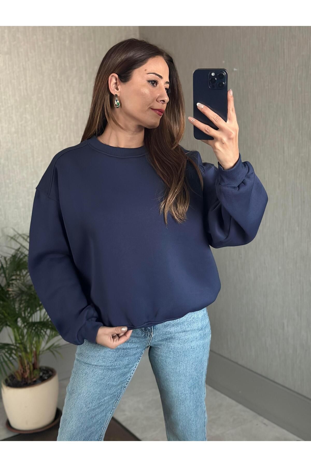 Forlady4 Lacivert Omzu Dikiş Detaylı Bisiklet Yaka Şardonlu Kadın Sweatshirt