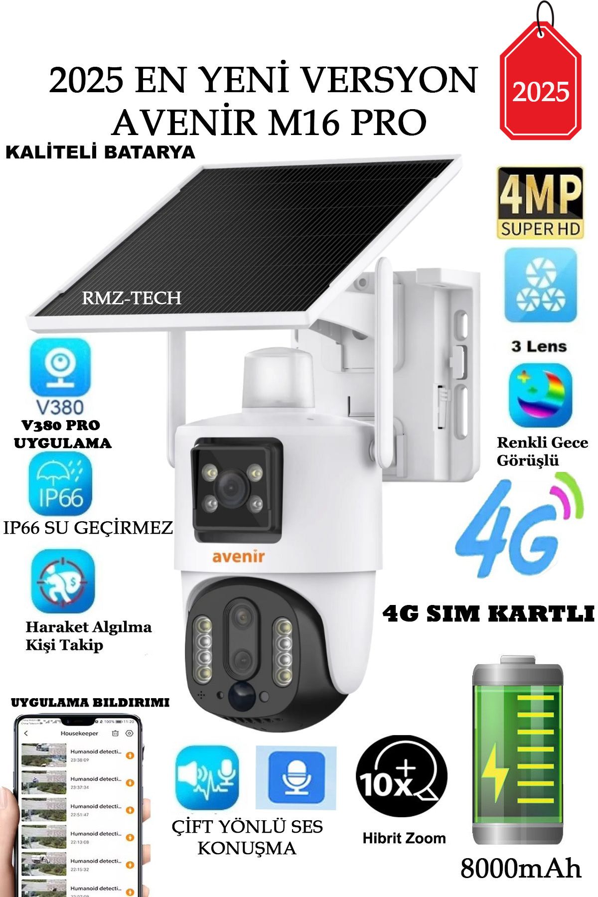 AVENİR YENİ AV-M16 PRO 4MP 3 LENSLİ 4G Simkartlı 10X ZOOM İNSAN ALGILAMA GÜNEŞ PANELLİ DÖNEBİLEN KAMERA