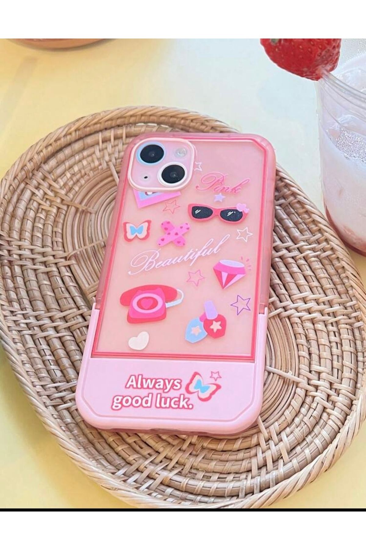 MirazTasarim IPHONE 15 PLUS PEMBE RENK STAND OLABİLEN KOKO DESENLİ KILIF