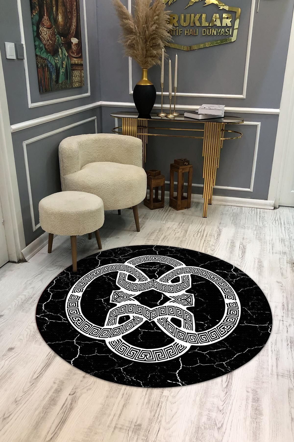 Doruklar Home Collection Kaymaz Taban Yıkanabilir Dijital Baskı Dekoratif Modern Desenli Yuvarlak Dot Taban Halı