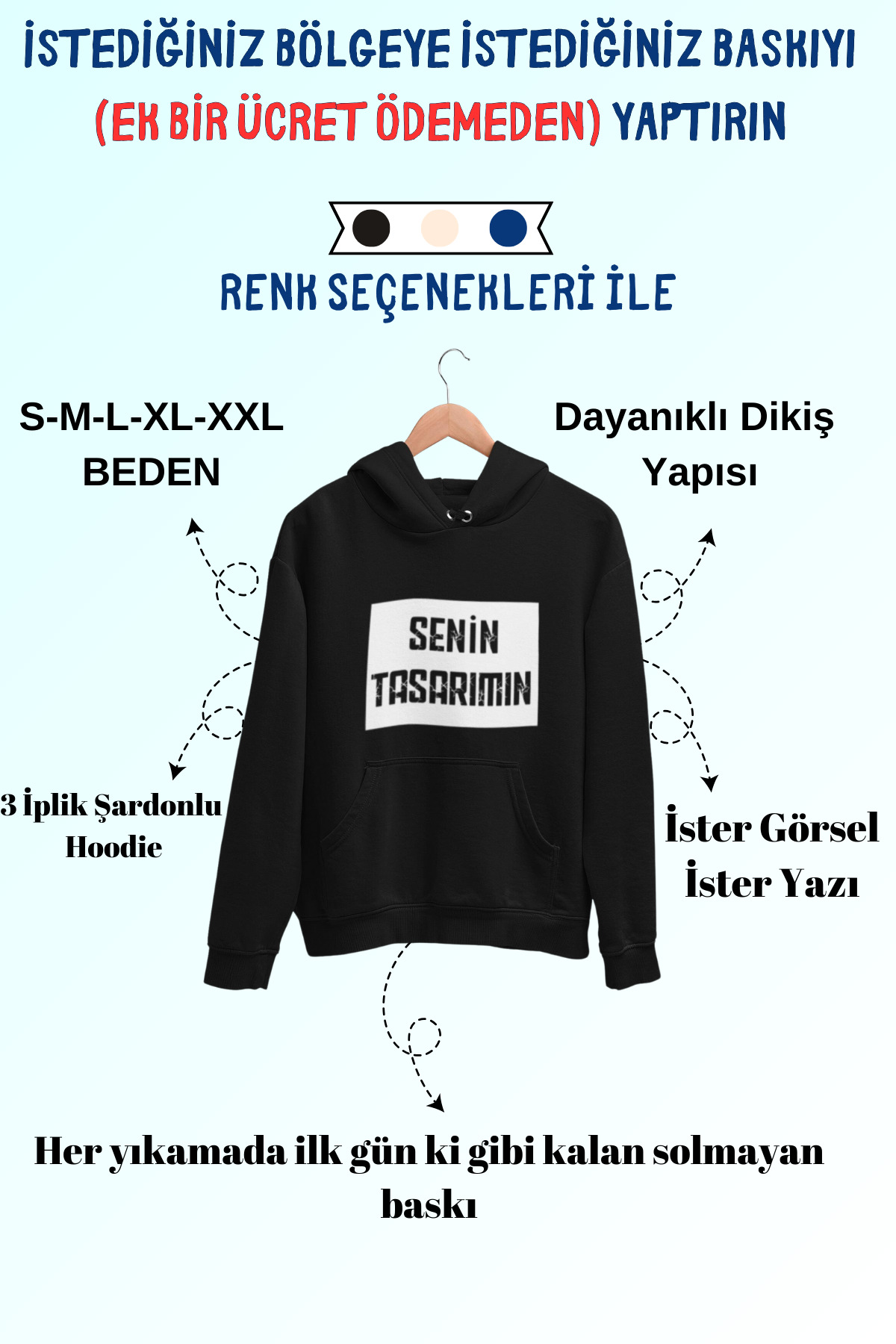 Tshirto  Kişiye Özel Baskı (Kendin Tasarla) 3 İplik Şardonlu Lacivert/Bej/Siyah Kapüşonlu Sweatshirt Hoodie - Görsel 2