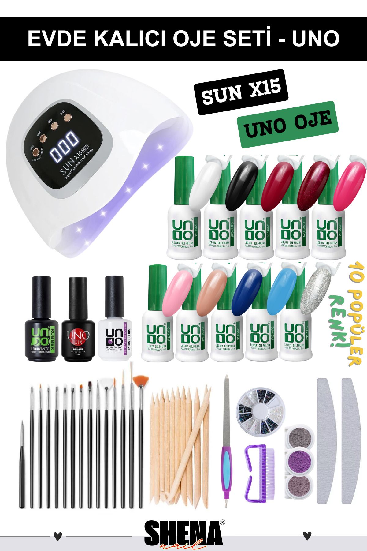 KozMood Evde Kalıcı Oje Seti (Sun x15 + 10 Adet Uno Kalıcı Oje + Primer,Base,Top Coat + Süs + Fırça) Tam Set