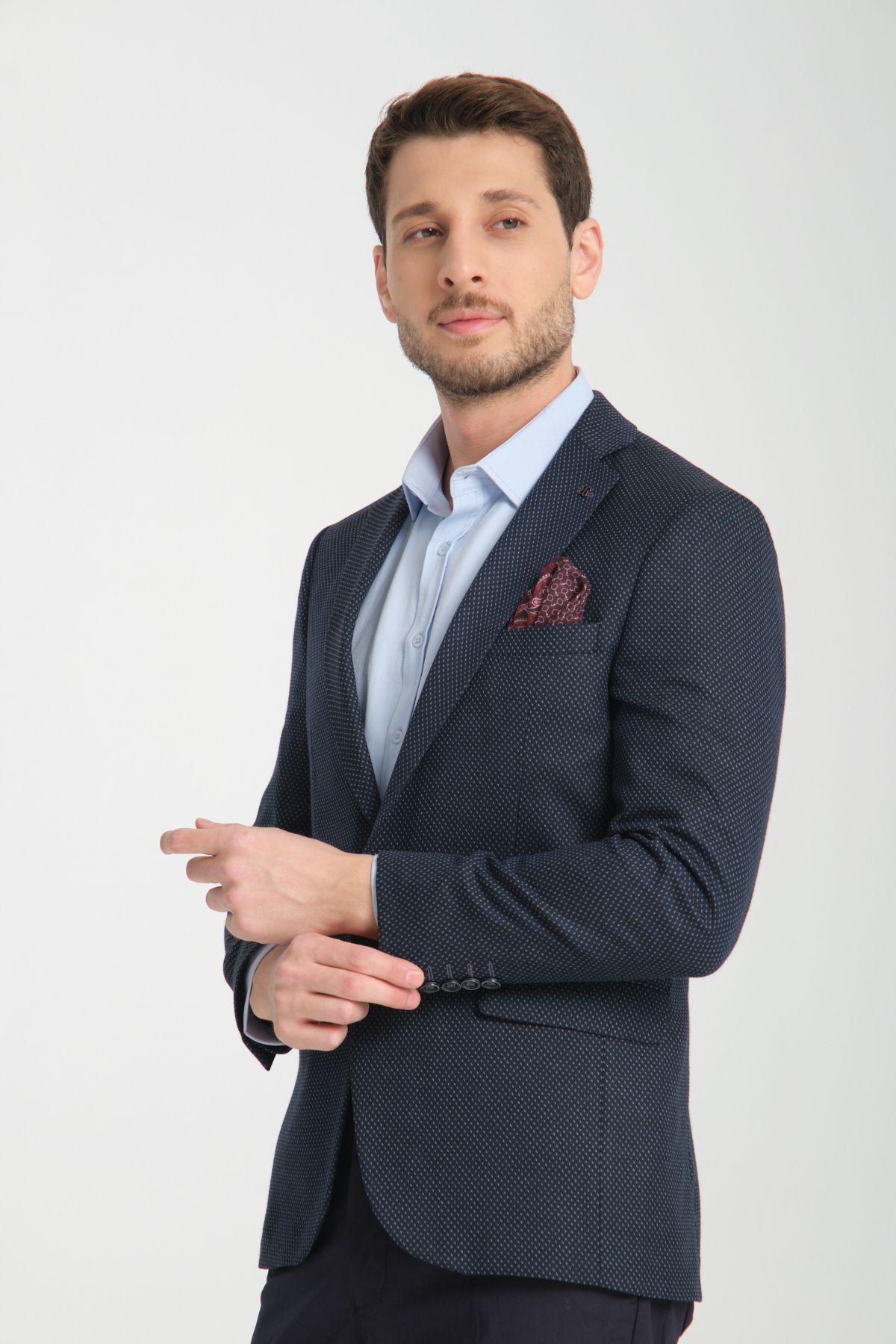 Frappoli Timone Erkek Koyu Lacivert Slim Fit Dar Kesim Desenli Mevsimlik Blazer Ceket