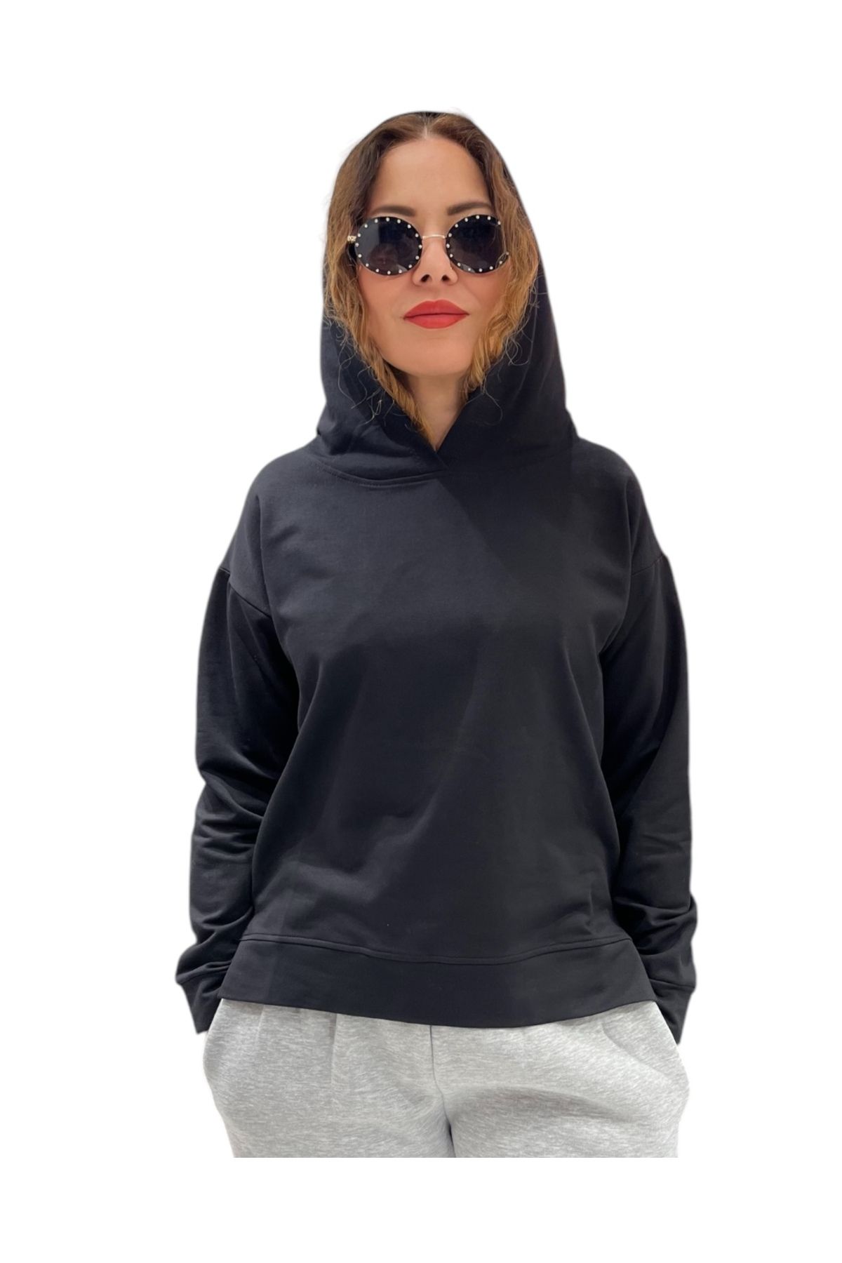 Butik Siyah Kapüşonlu 2 İplik Sweatshirt