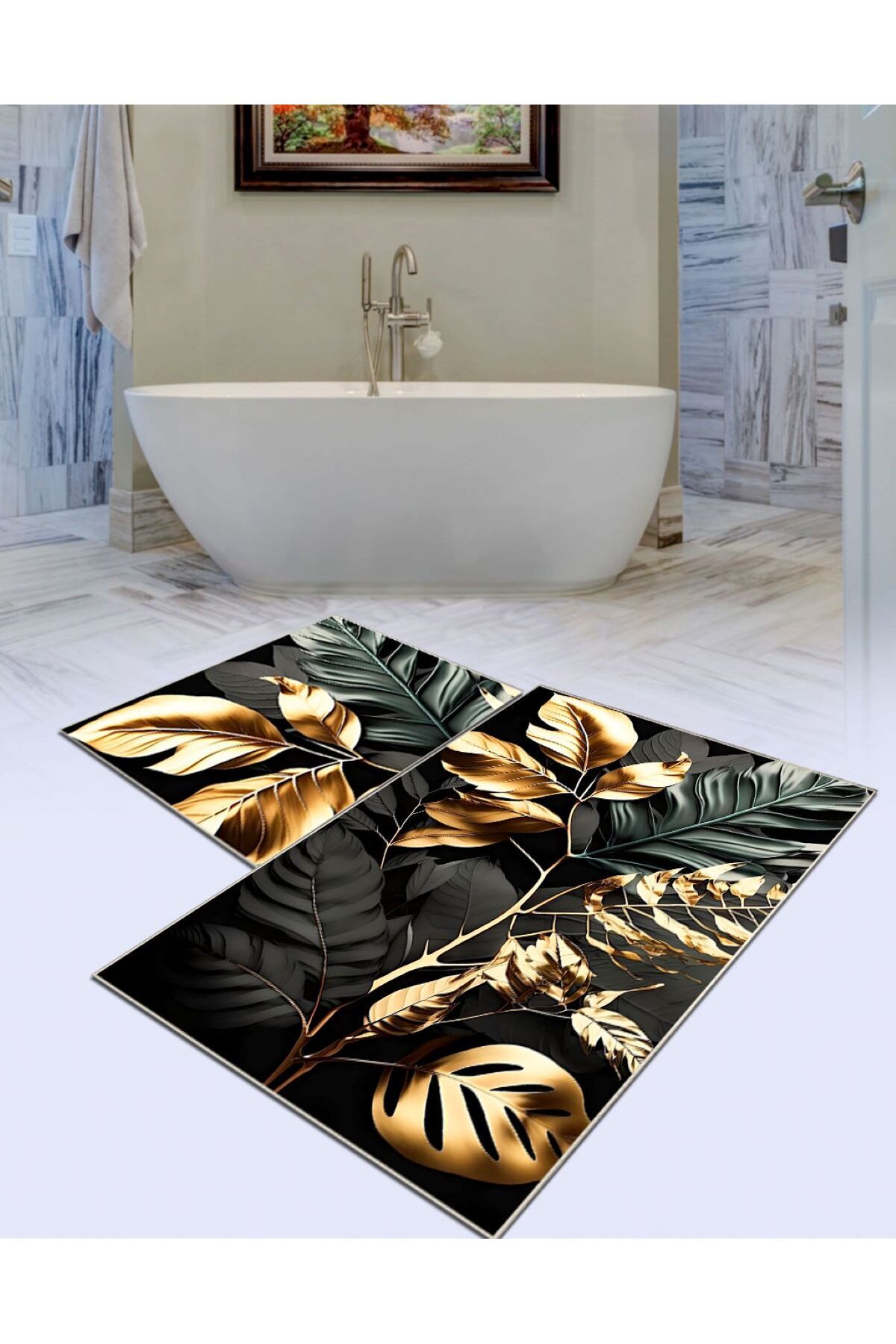 Ardizayn Gold Leaf - Kaymaz, Pamuk Dokuma Taban (60x100 - 50x60cm) 2'li Banyo Halısı