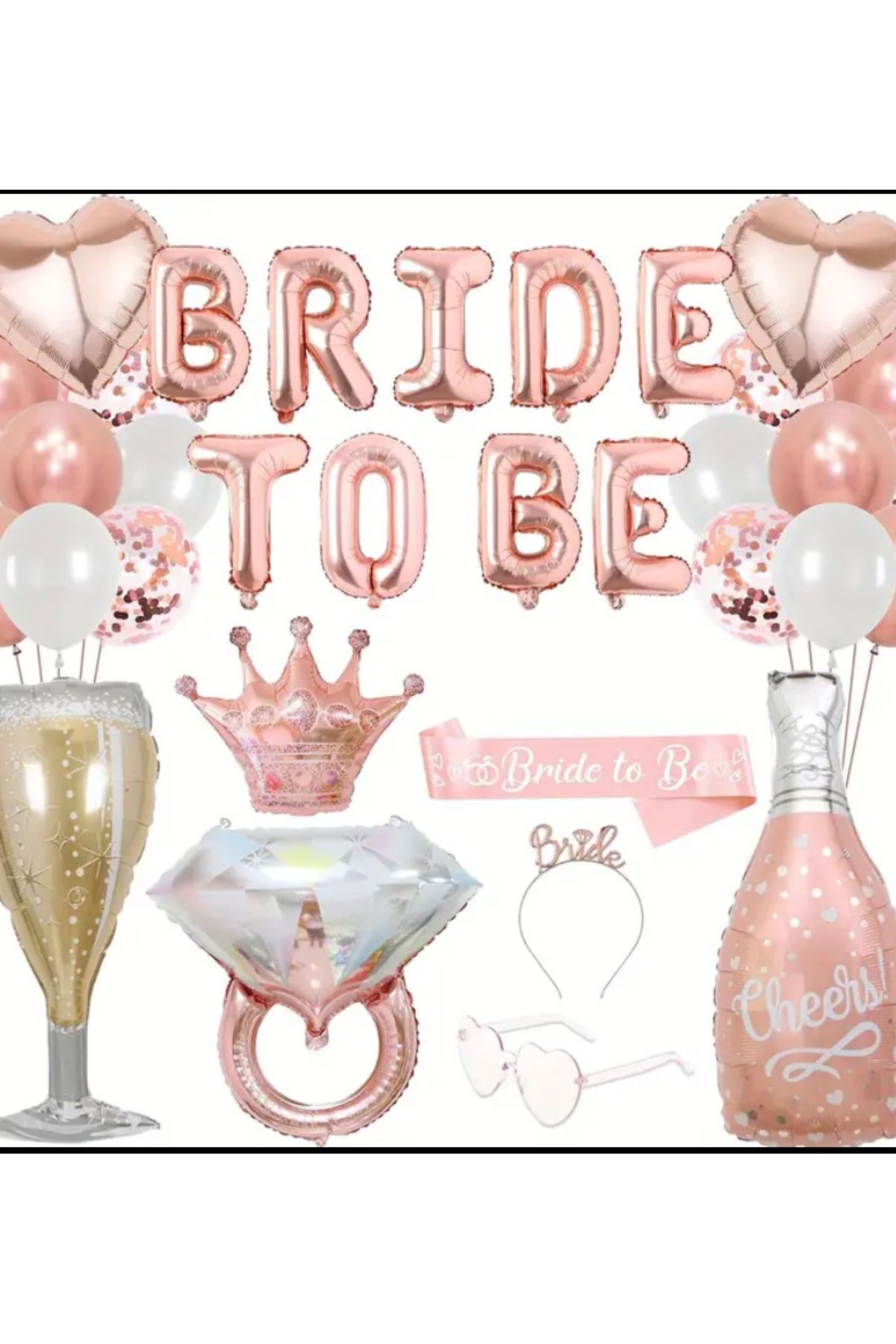 Çemrek Süs Parti Rose Bride To Be Seti Folyo Balon Bride Taç Kuşak Gözlük Full Set 30 Parça