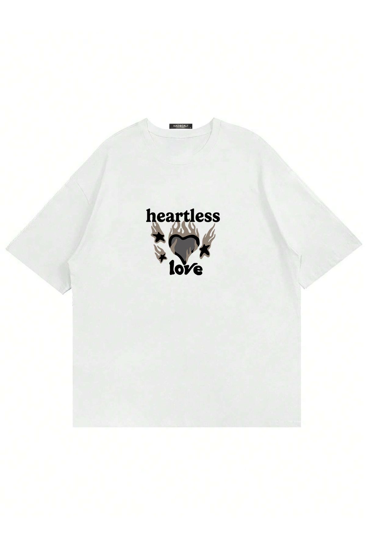 Mad&Calf Kadın Heartless Love Baskılı Bisiklet Yaka Oversize Tshirt