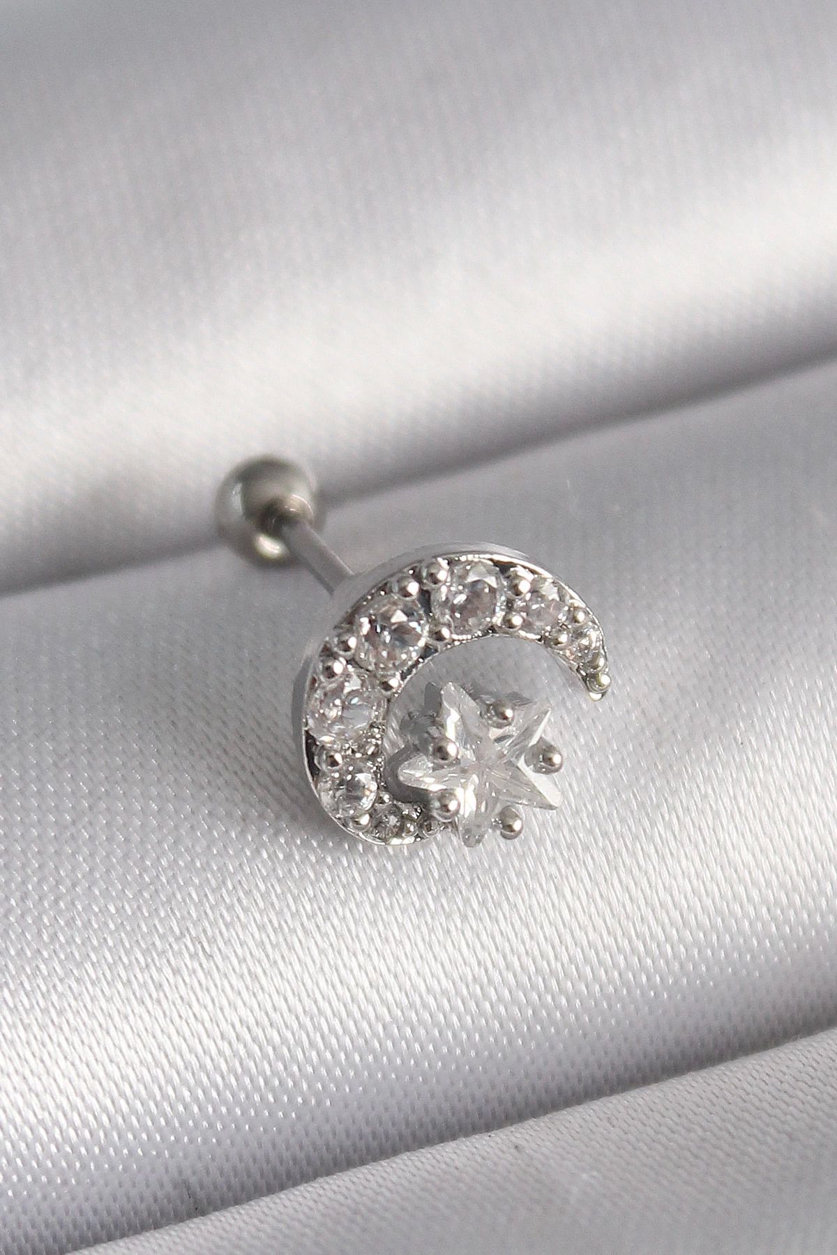 Ekince 316L Çelik Gümüş Renk Zirkon Taşlı Ay Yıldız Tragus Piercing